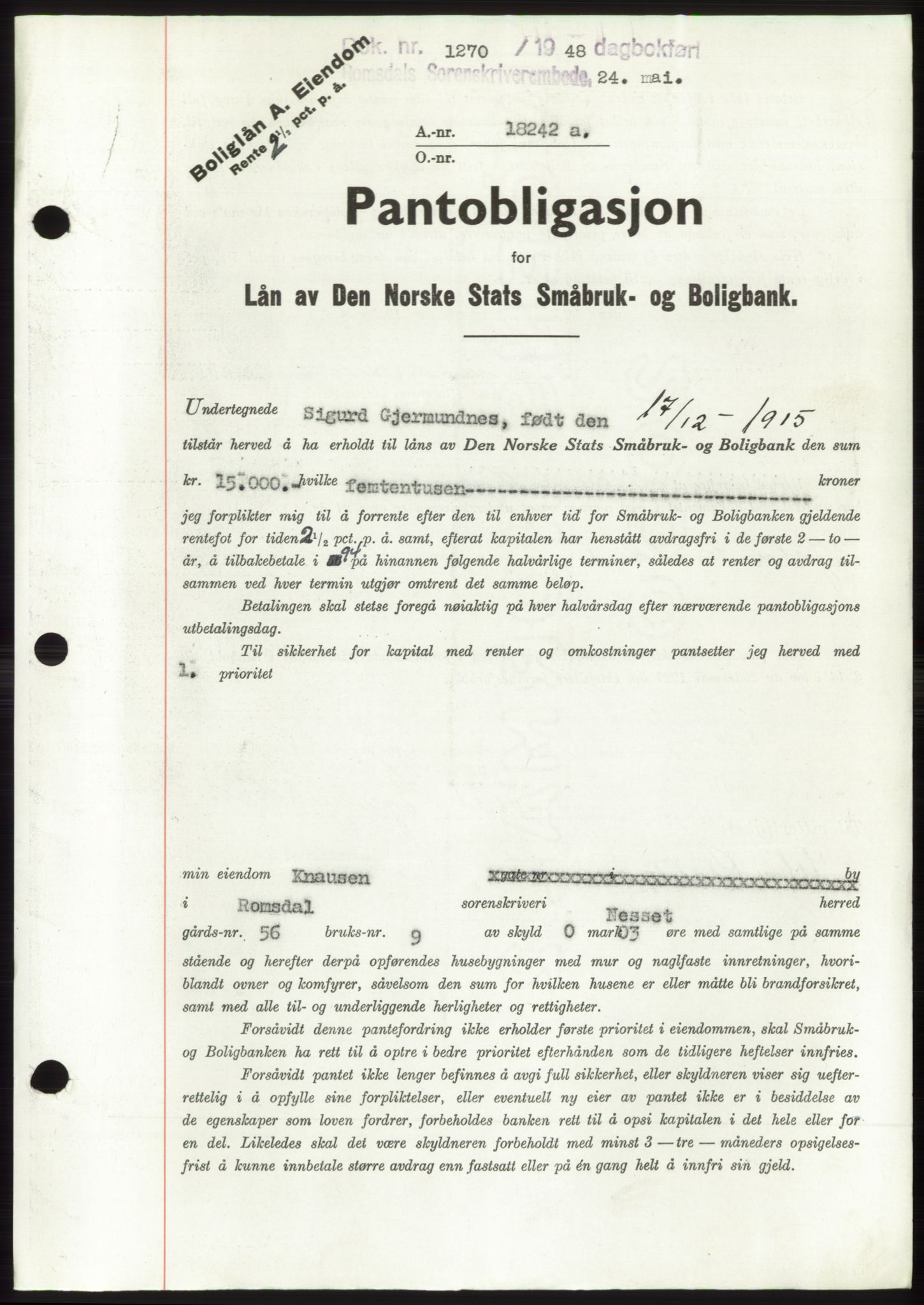 Romsdal sorenskriveri, SAT/A-4149/1/2/2C: Pantebok nr. B3, 1946-1948, Dagboknr: 1270/1948
