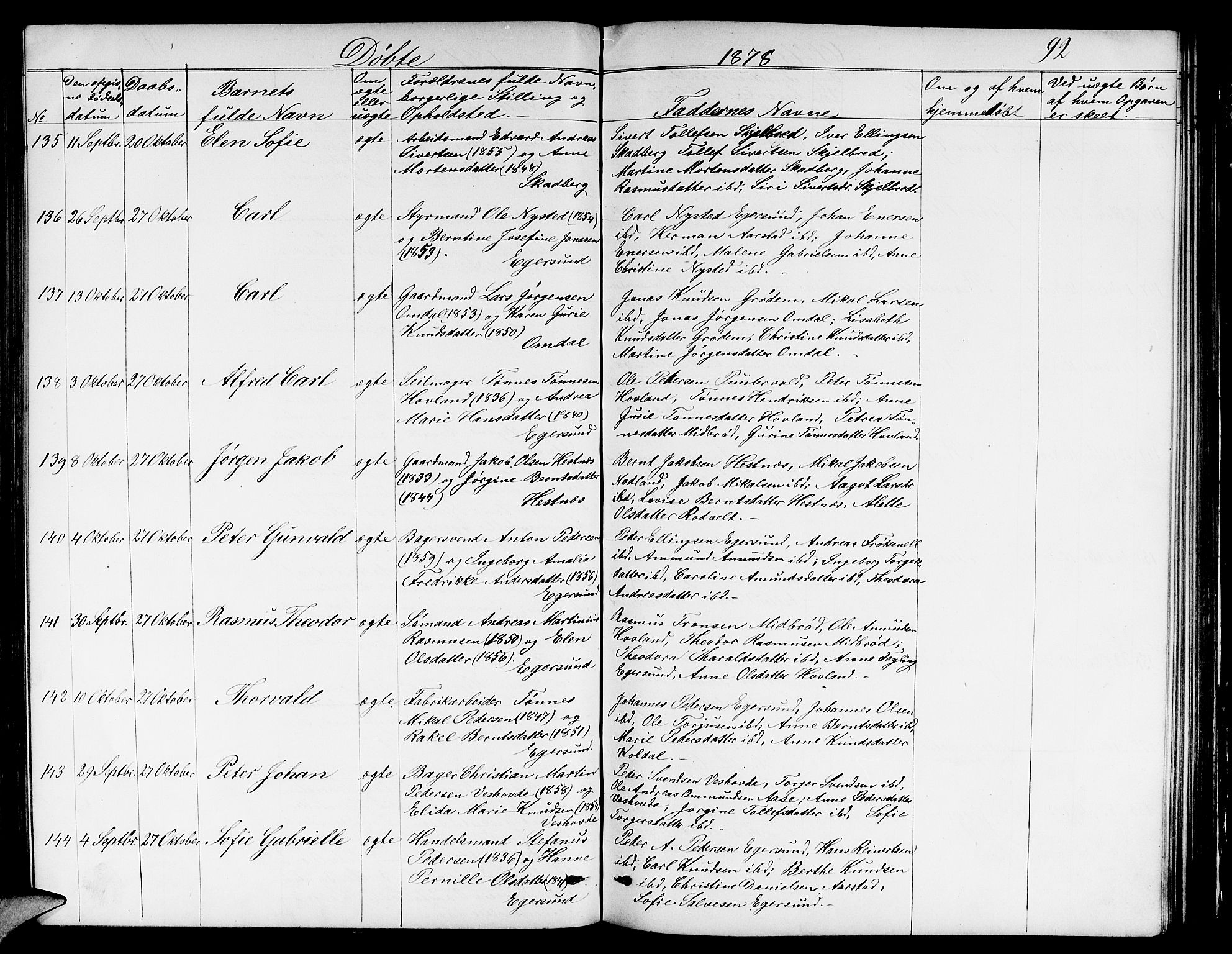 Eigersund sokneprestkontor, AV/SAST-A-101807/S09/L0005: Klokkerbok nr. B 5, 1872-1881, s. 92