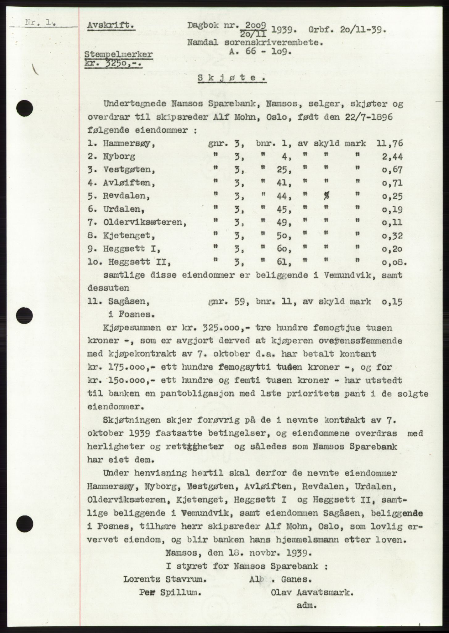 Namdal sorenskriveri, SAT/A-4133/1/2/2C: Pantebok nr. -, 1937-1939, Tingl.dato: 20.11.1939