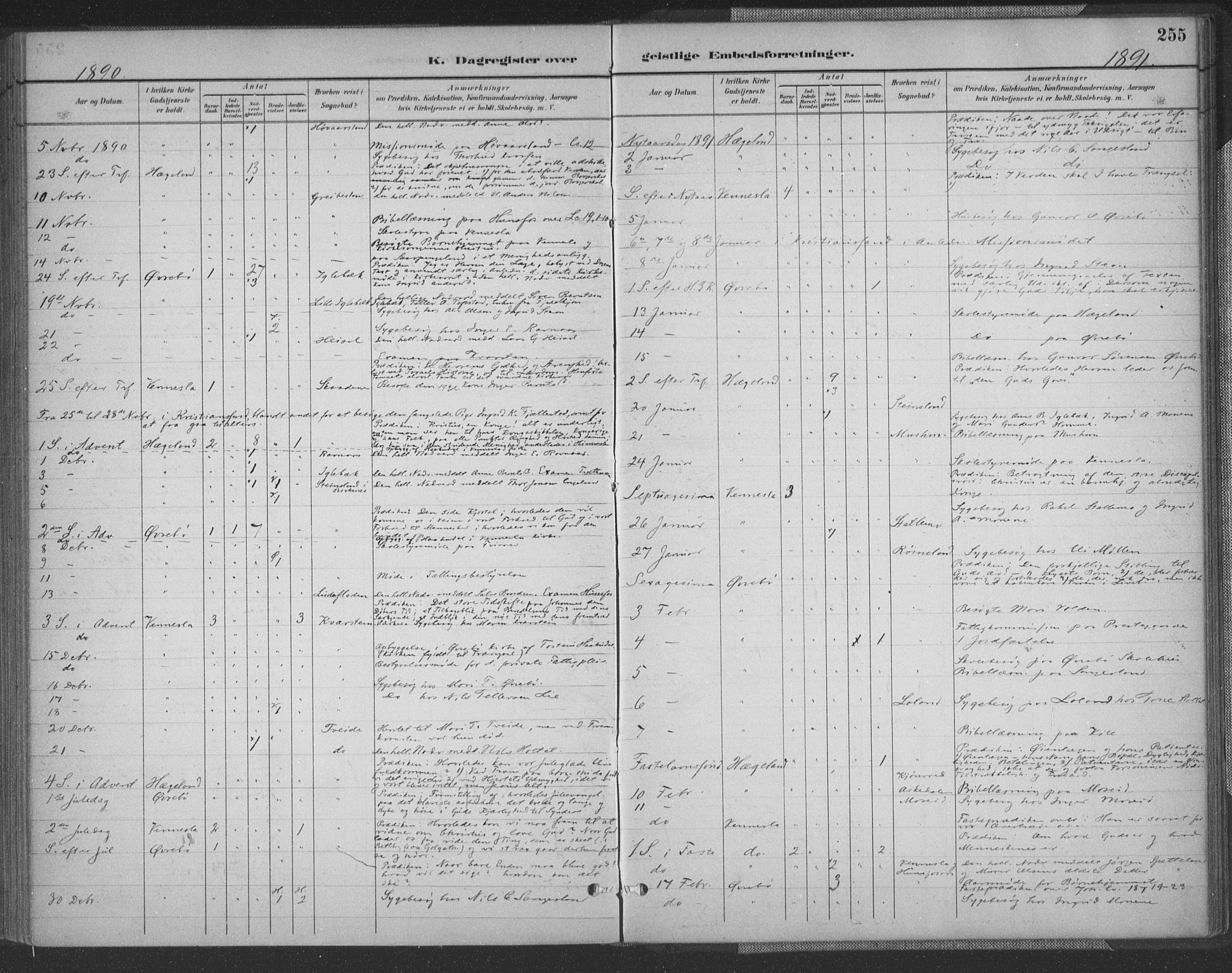 Vennesla sokneprestkontor, AV/SAK-1111-0045/Fa/Fac/L0009: Ministerialbok nr. A 9, 1884-1901, s. 255