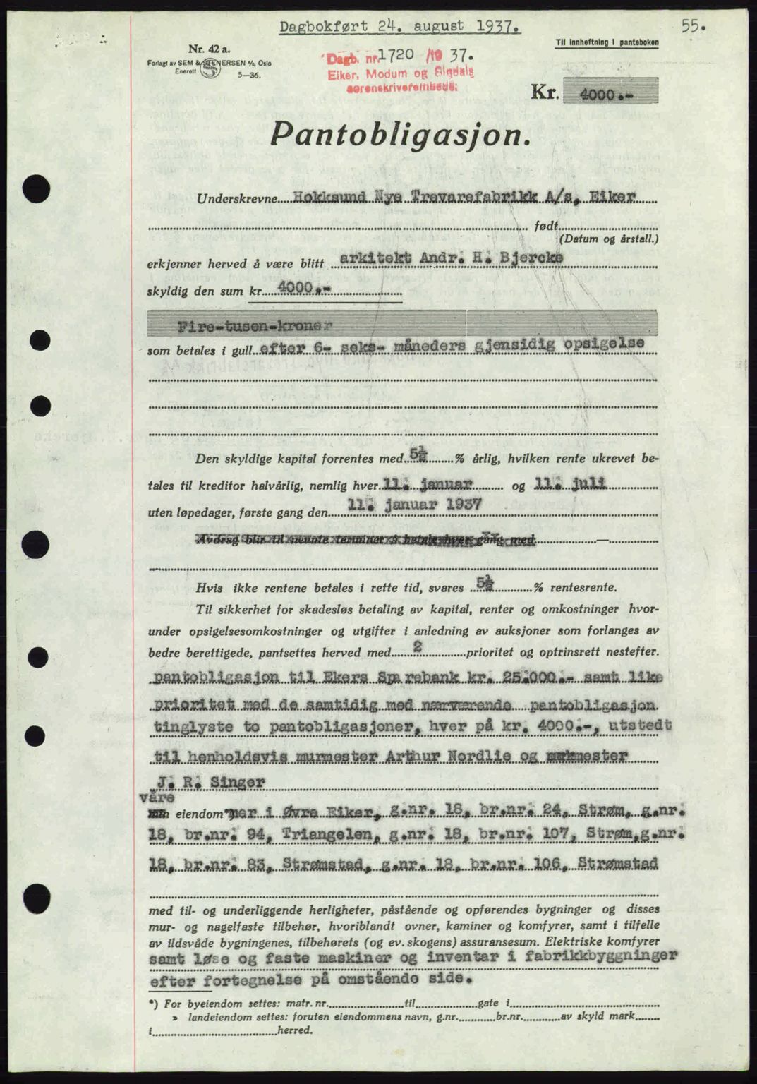 Eiker, Modum og Sigdal sorenskriveri, SAKO/A-123/G/Ga/Gab/L0036: Pantebok nr. A6, 1937-1937, Dagboknr: 1720/1937