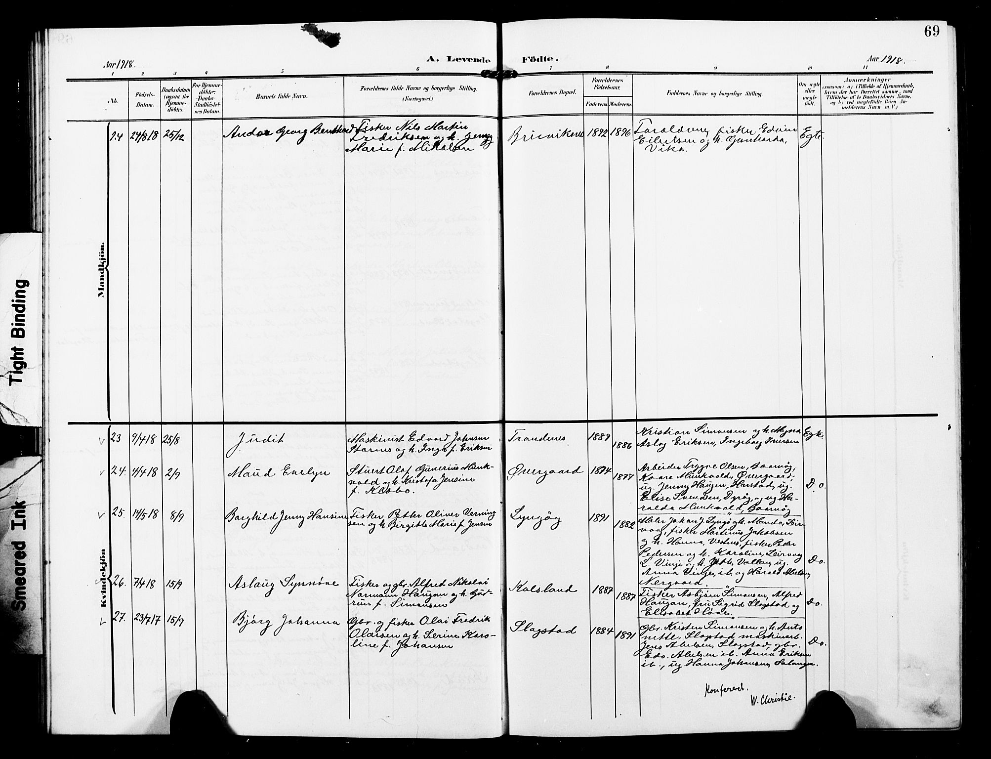 Sand/Bjarkøy sokneprestkontor, AV/SATØ-S-0811/I/Ia/Iab/L0004klokker: Klokkerbok nr. 4, 1905-1918, s. 69
