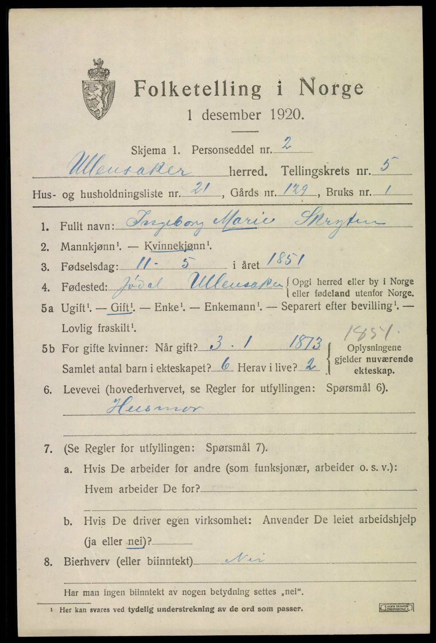 SAO, Folketelling 1920 for 0235 Ullensaker herred, 1920, s. 9291