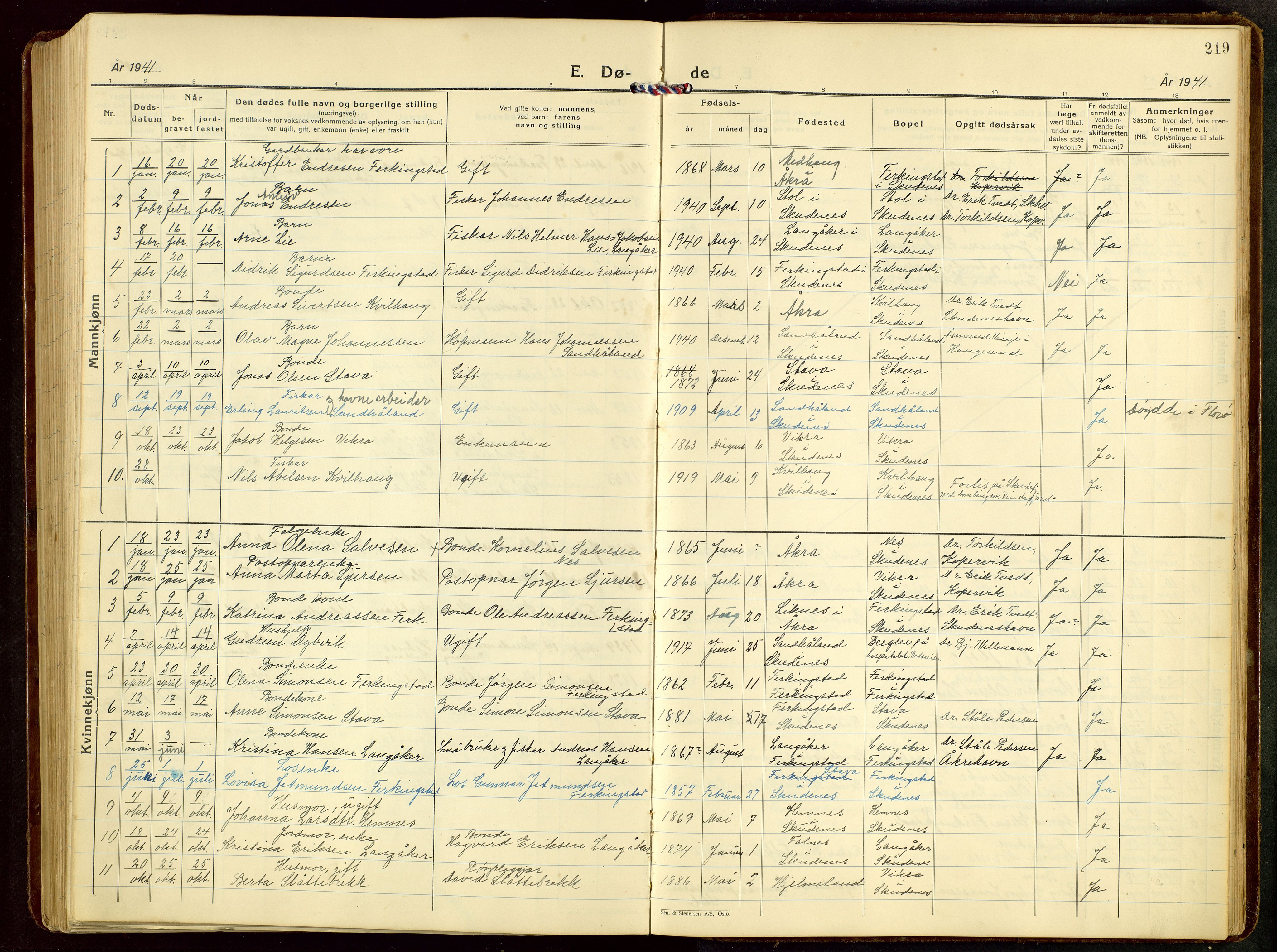 Skudenes sokneprestkontor, AV/SAST-A -101849/H/Ha/Hab/L0012: Klokkerbok nr. B 12, 1936-1968, s. 219