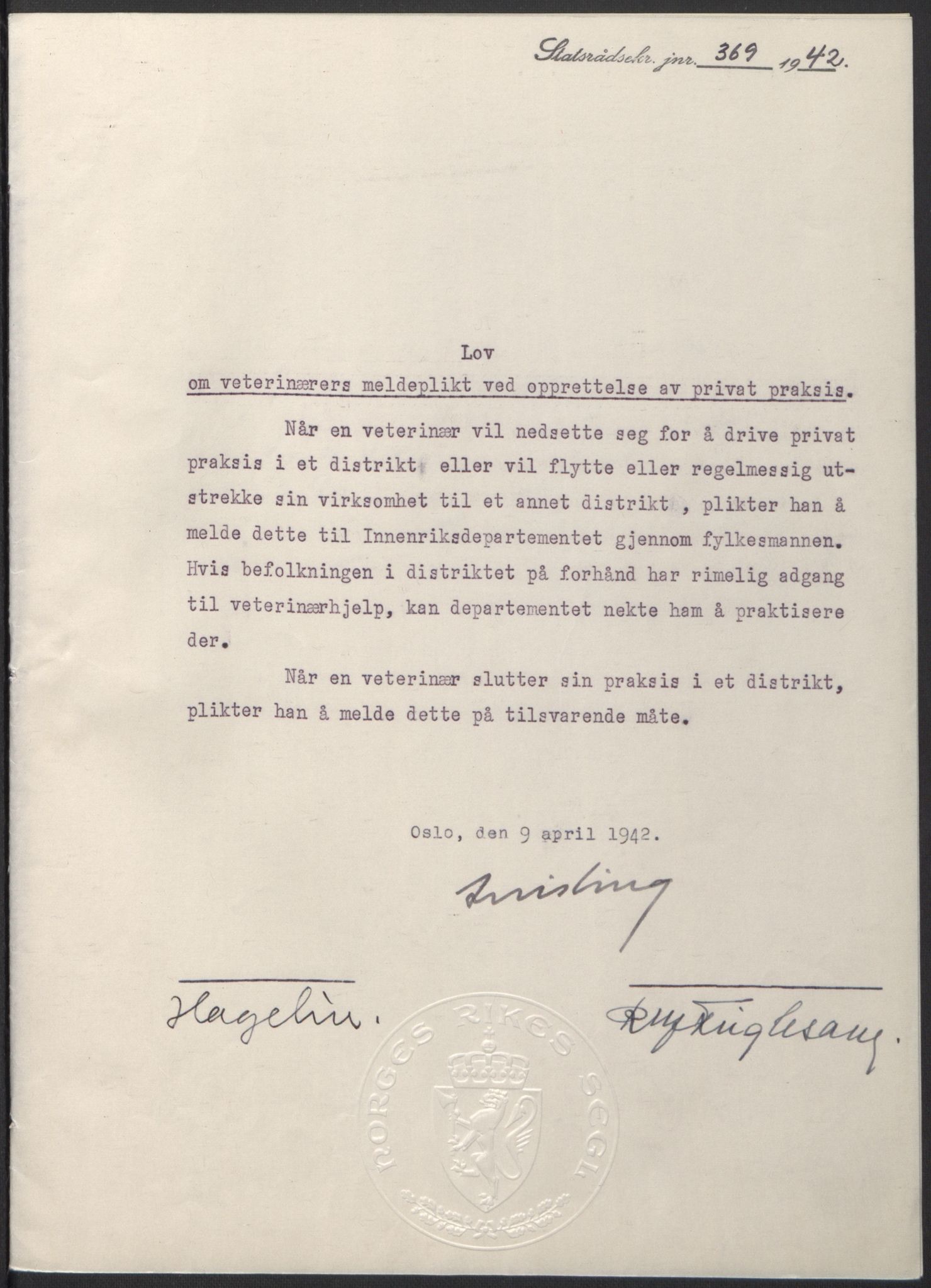 NS-administrasjonen 1940-1945 (Statsrådsekretariatet, de kommisariske statsråder mm), AV/RA-S-4279/D/Db/L0097: Lover I, 1942, s. 251
