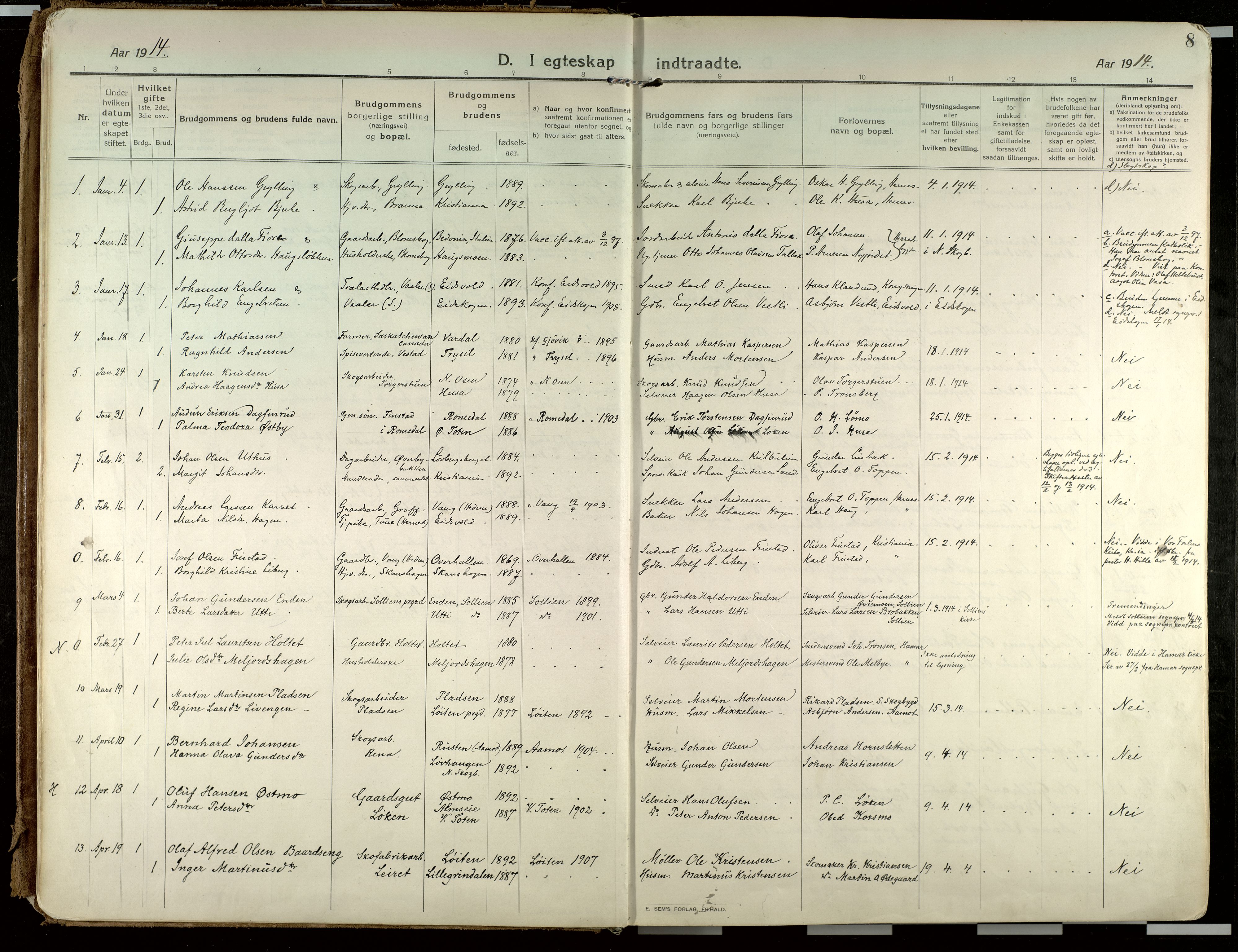 Elverum prestekontor, AV/SAH-PREST-044/H/Ha/Haa/L0021: Ministerialbok nr. 21, 1913-1928, s. 8