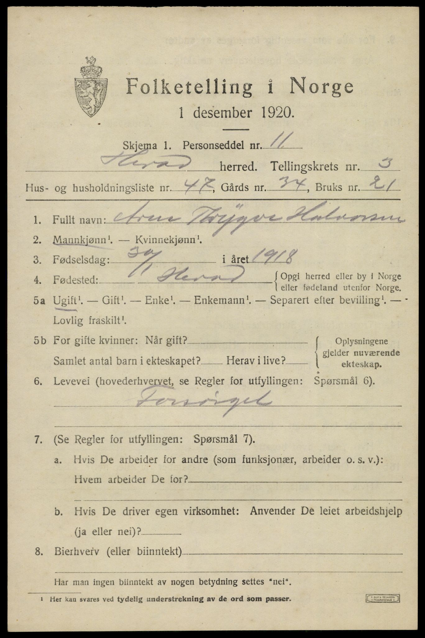 SAK, Folketelling 1920 for 1039 Herad herred, 1920, s. 1708