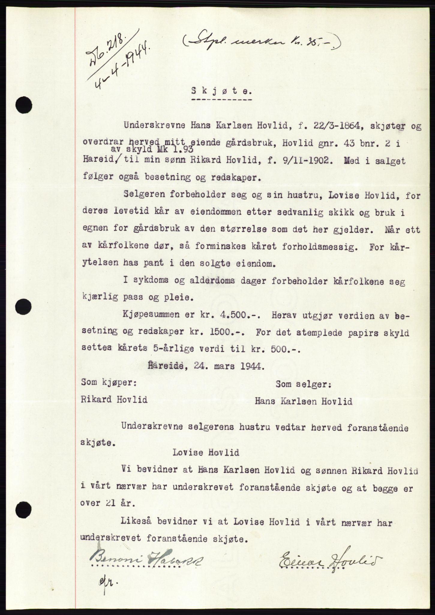 Søre Sunnmøre sorenskriveri, SAT/A-4122/1/2/2C/L0076: Pantebok nr. 2A, 1943-1944, Dagboknr: 218/1944