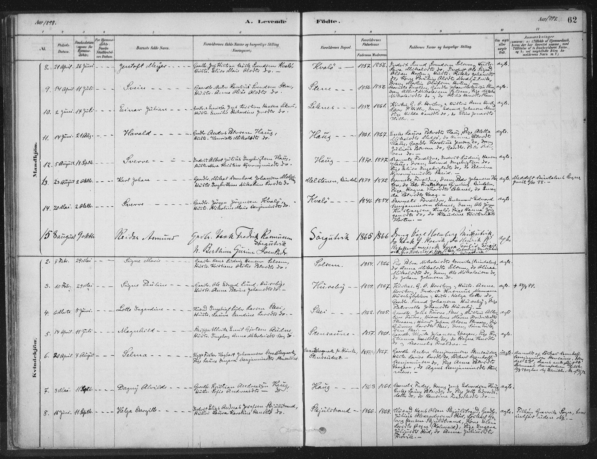 Ministerialprotokoller, klokkerbøker og fødselsregistre - Nord-Trøndelag, SAT/A-1458/788/L0697: Ministerialbok nr. 788A04, 1878-1902, s. 62
