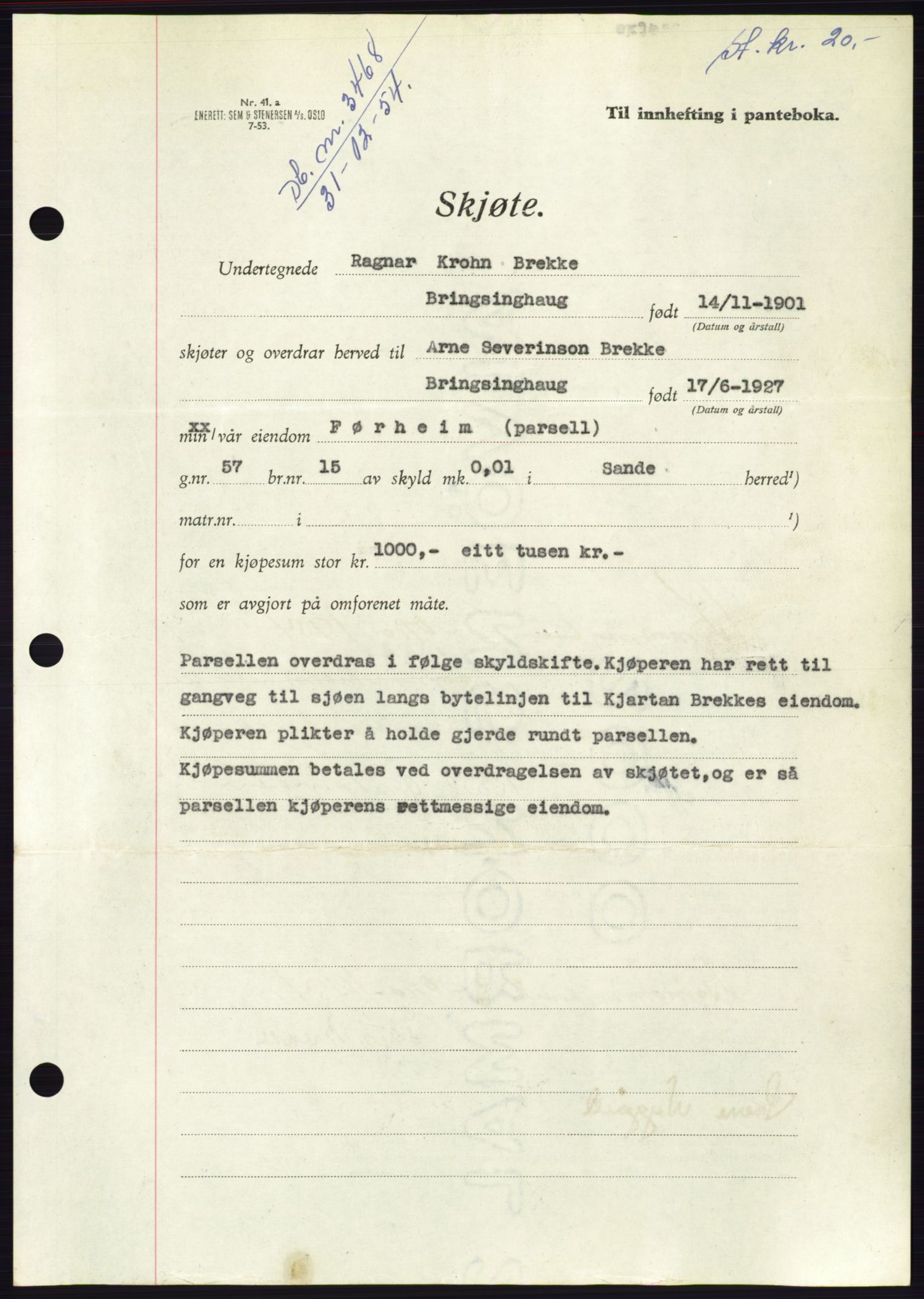 Søre Sunnmøre sorenskriveri, AV/SAT-A-4122/1/2/2C/L0126: Pantebok nr. 14B, 1954-1955, Dagboknr: 3468/1954