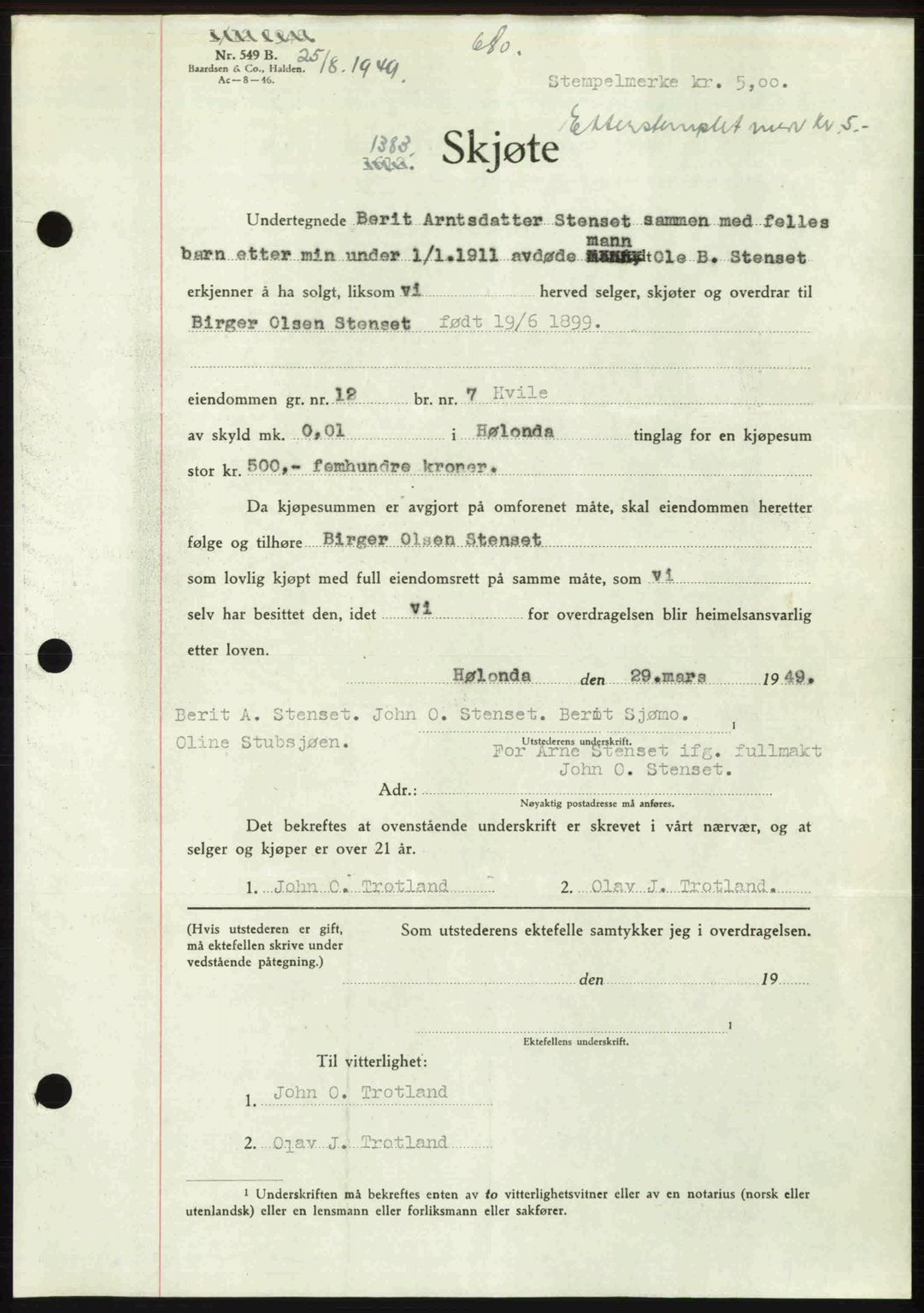Gauldal sorenskriveri, SAT/A-0014/1/2/2C: Pantebok nr. A8, 1949-1949, Dagboknr: 1383/1949