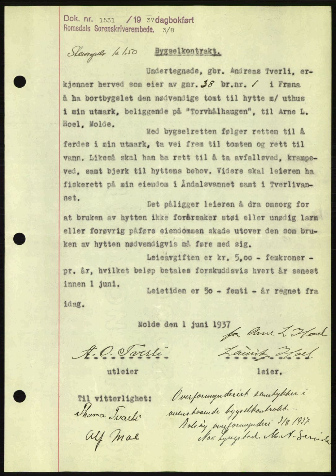 Romsdal sorenskriveri, SAT/A-4149/1/2/2C: Pantebok nr. A3, 1937-1937, Dagboknr: 1531/1937