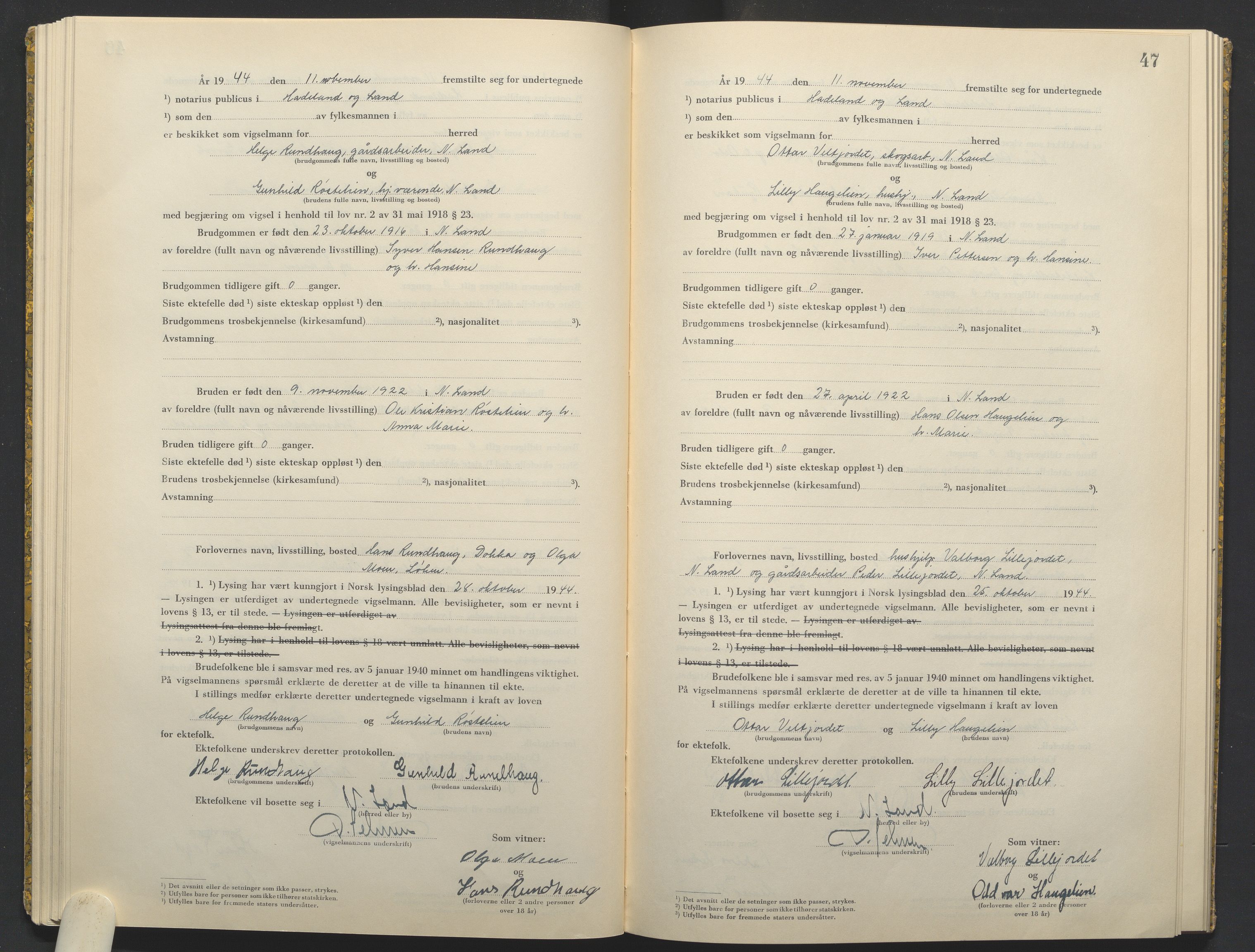 Hadeland og Land tingrett, AV/SAH-TING-010/L/Lb/L0003: Vigselbok, 1944-1946, s. 47