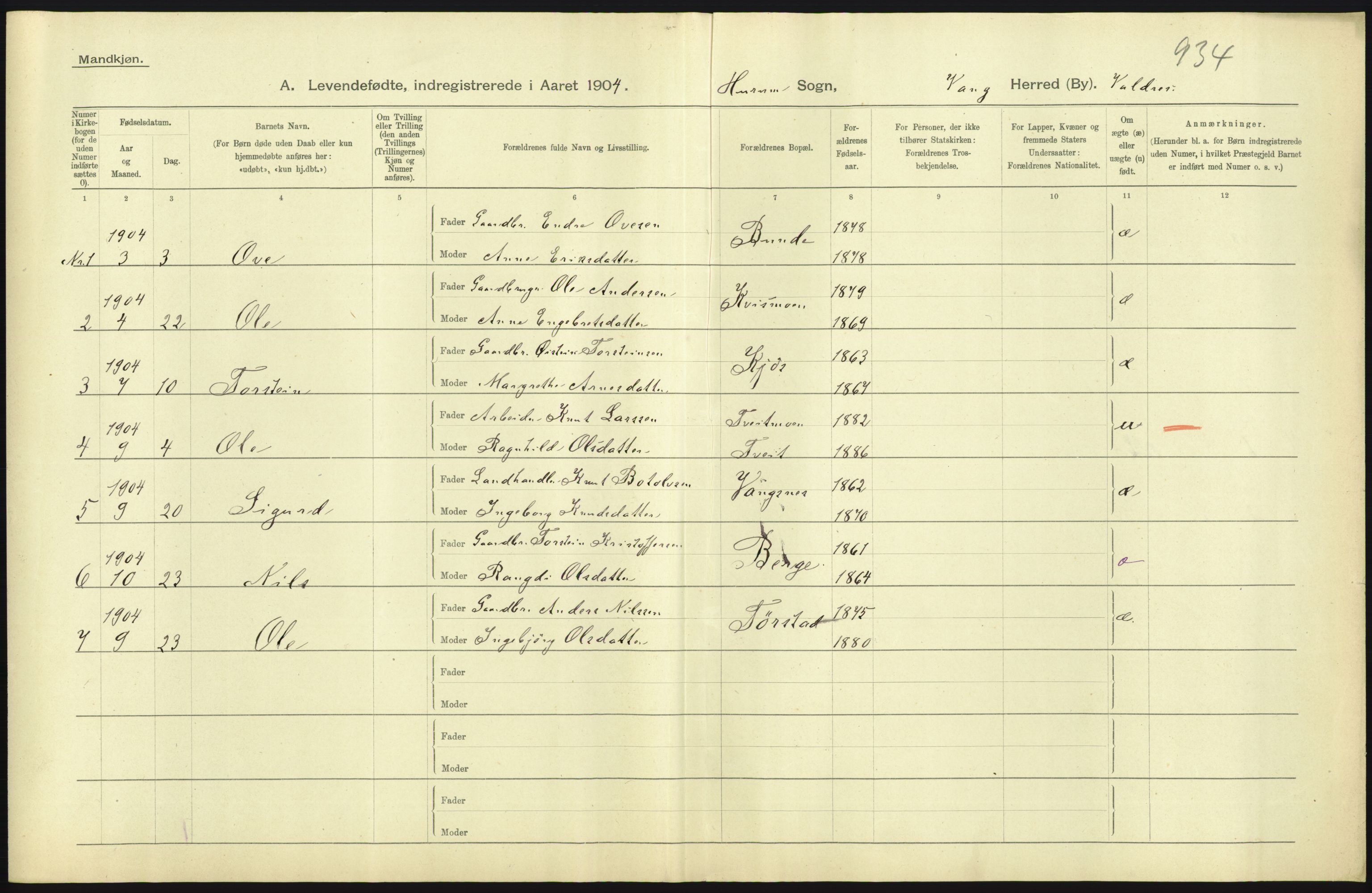 Statistisk sentralbyrå, Sosiodemografiske emner, Befolkning, AV/RA-S-2228/D/Df/Dfa/Dfab/L0006: Kristians amt: Fødte, gifte, døde, 1904, s. 431