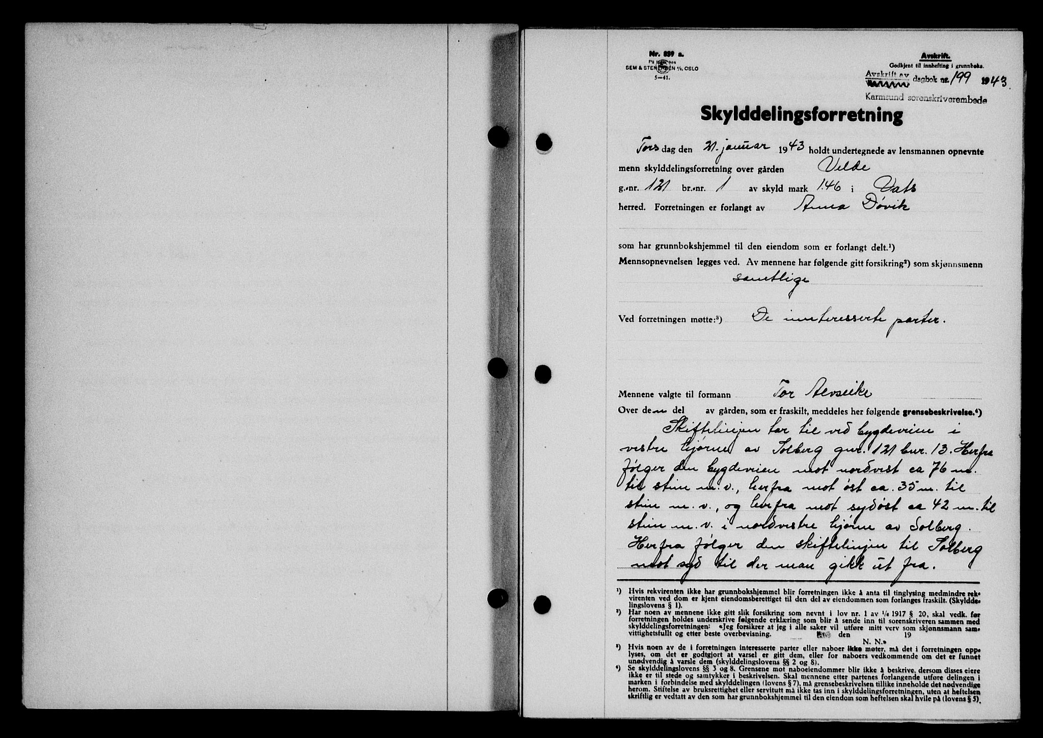 Karmsund sorenskriveri, SAST/A-100311/01/II/IIB/L0079: Pantebok nr. 60A, 1942-1943, Dagboknr: 199/1943