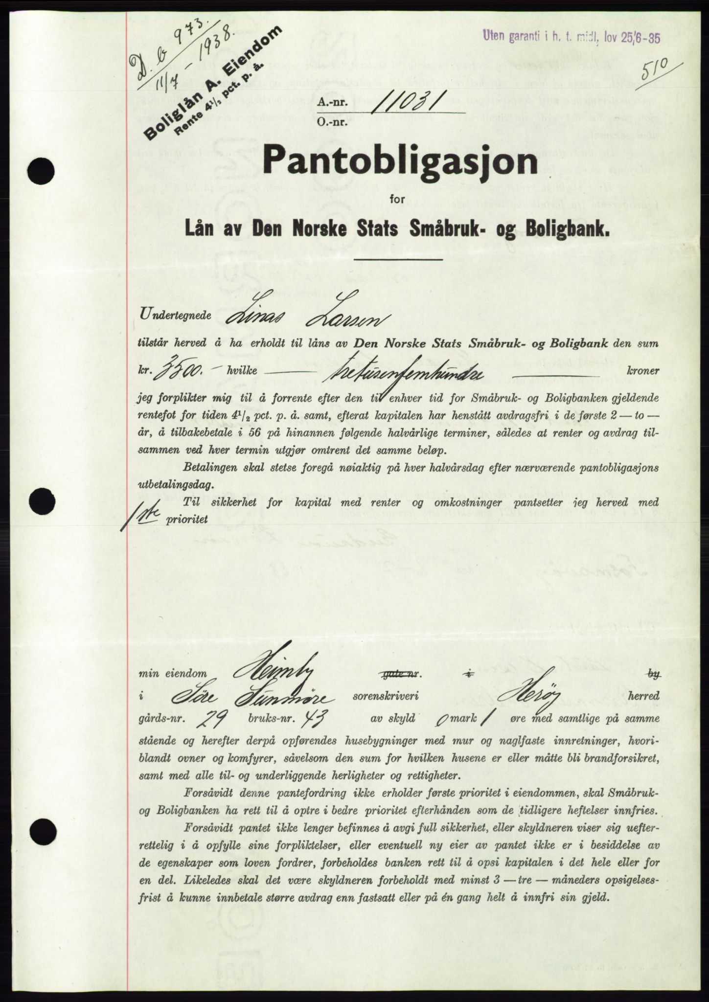 Søre Sunnmøre sorenskriveri, AV/SAT-A-4122/1/2/2C/L0065: Pantebok nr. 59, 1938-1938, Dagboknr: 973/1938