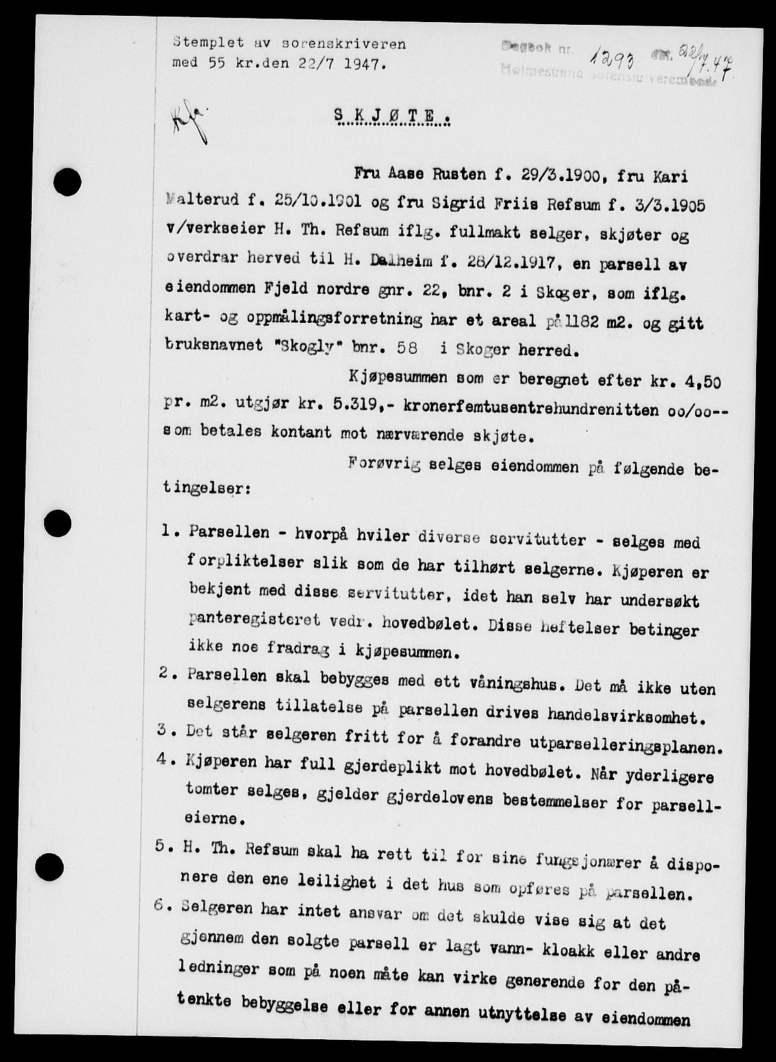 Holmestrand sorenskriveri, SAKO/A-67/G/Ga/Gaa/L0062: Pantebok nr. A-62, 1947-1947, Dagboknr: 1293/1947