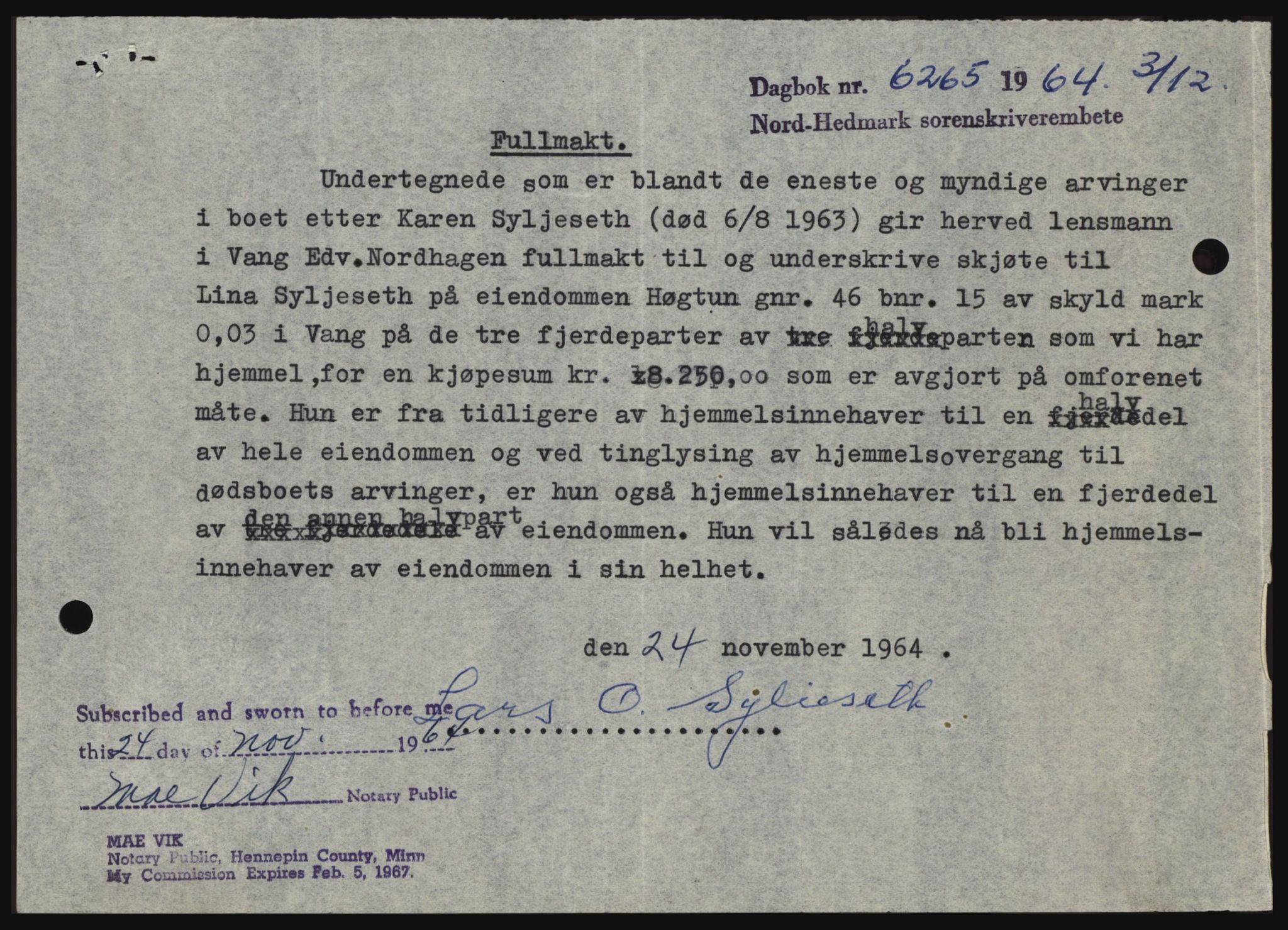 Nord-Hedmark sorenskriveri, SAH/TING-012/H/Hc/L0021: Pantebok nr. 21, 1964-1965, Dagboknr: 6265/1964