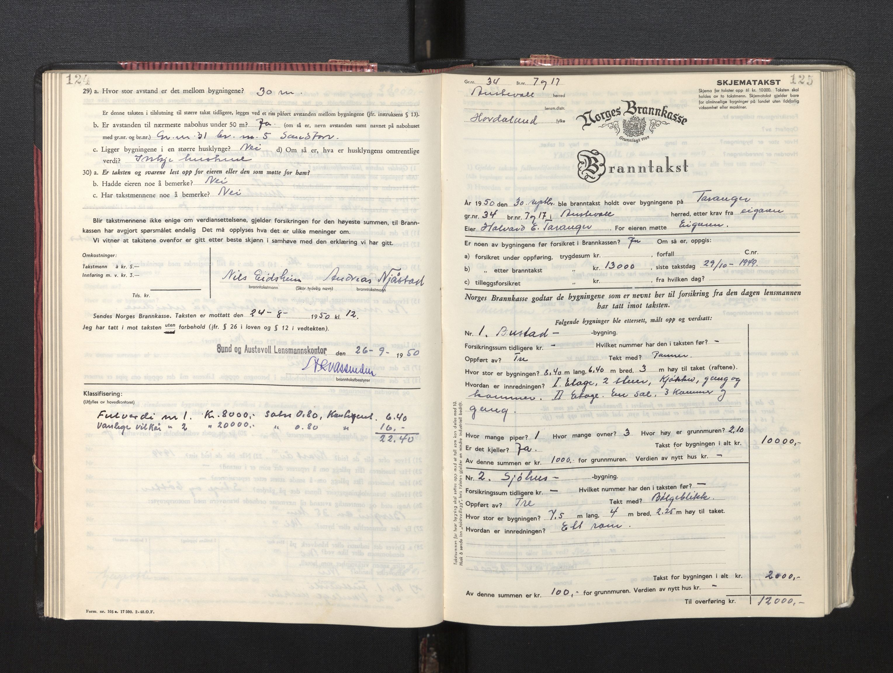 Lensmannen i Sund og Austevoll, AV/SAB-A-35201/0012/L0005: Branntakstprotokoll, skjematakst, 1949-1955, s. 124-125