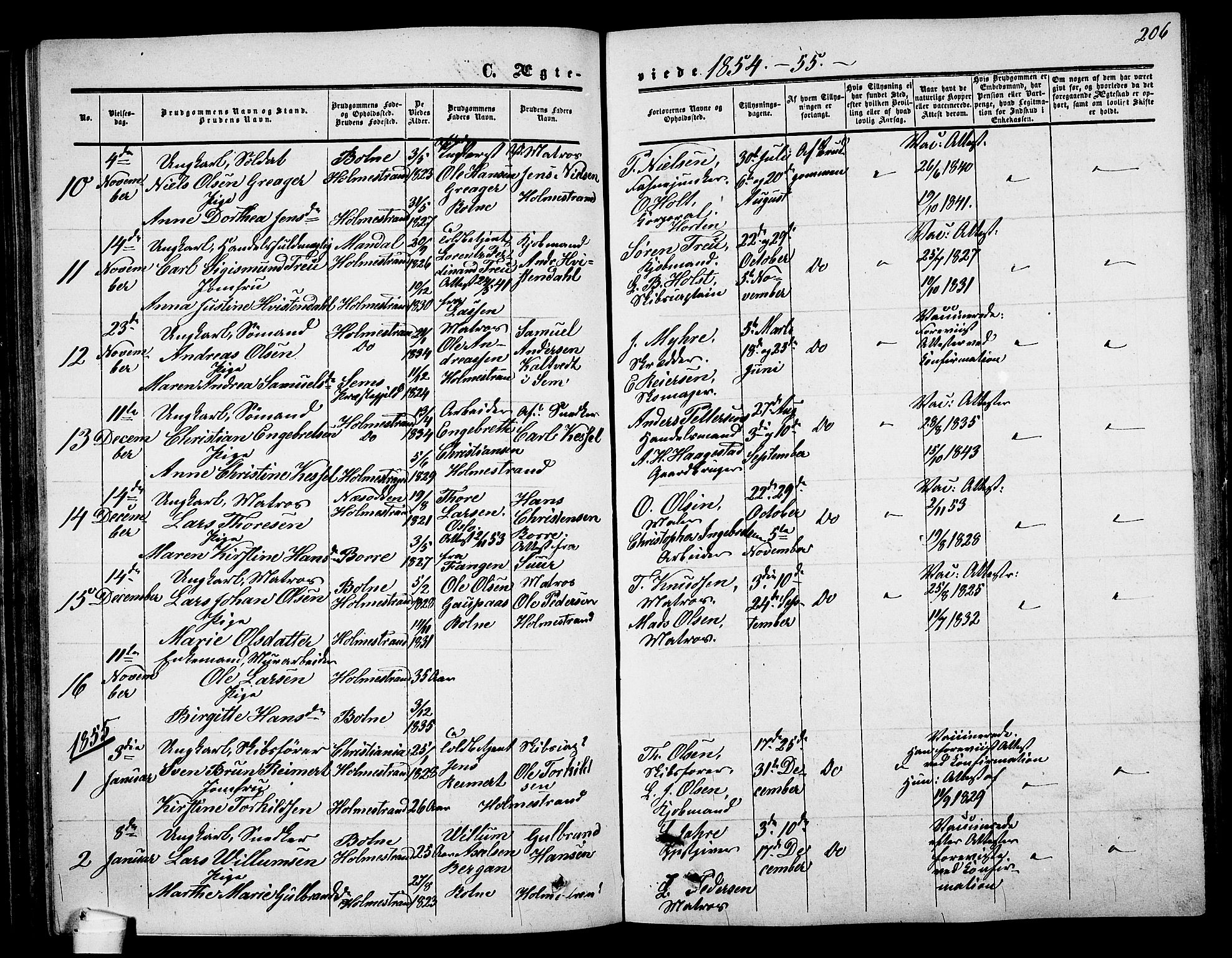 Holmestrand kirkebøker, AV/SAKO-A-346/G/Ga/L0003: Klokkerbok nr. 3, 1849-1874, s. 206