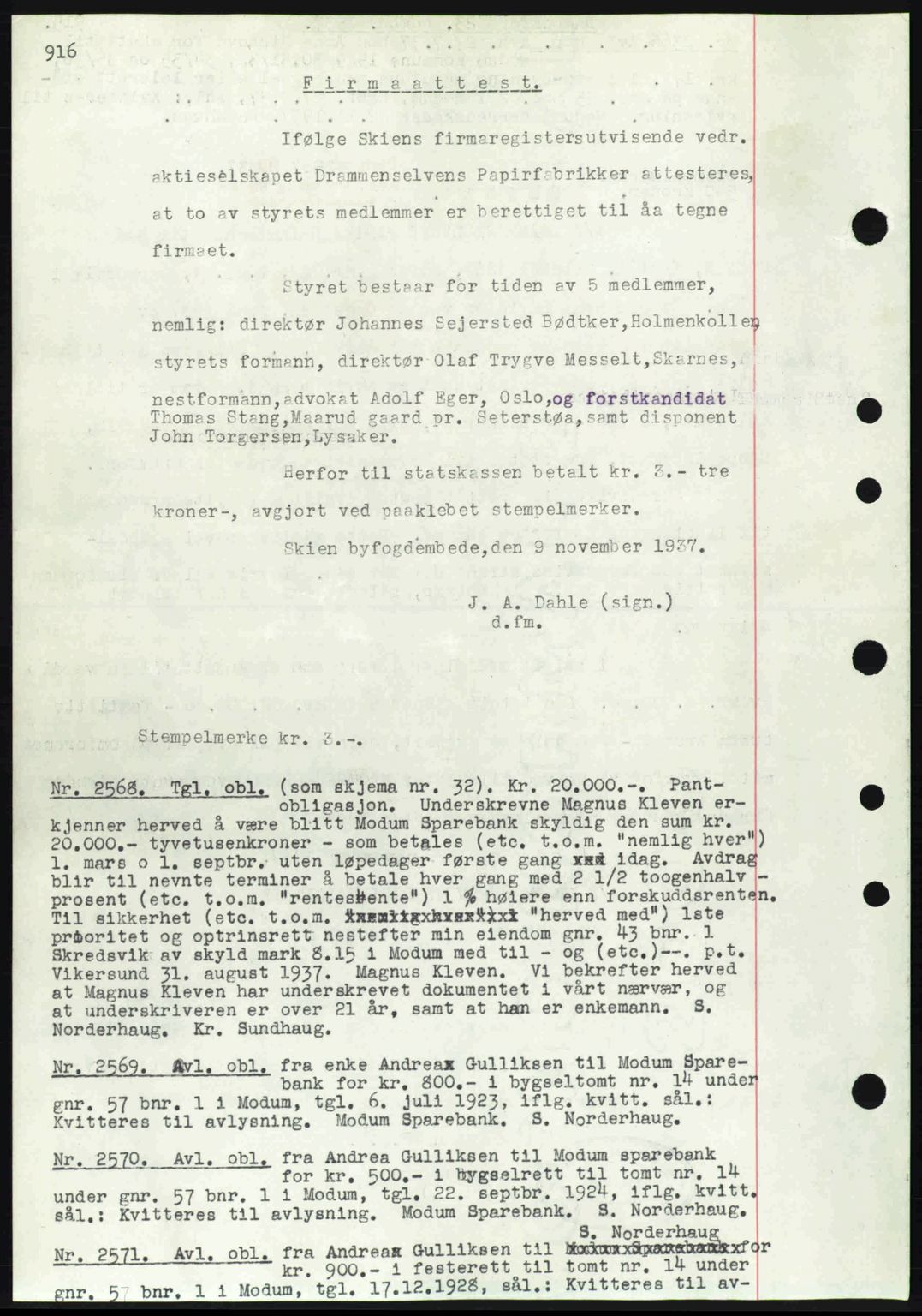 Eiker, Modum og Sigdal sorenskriveri, SAKO/A-123/G/Ga/Gab/L0036: Pantebok nr. A6, 1937-1937, Dagboknr: 2568/1937