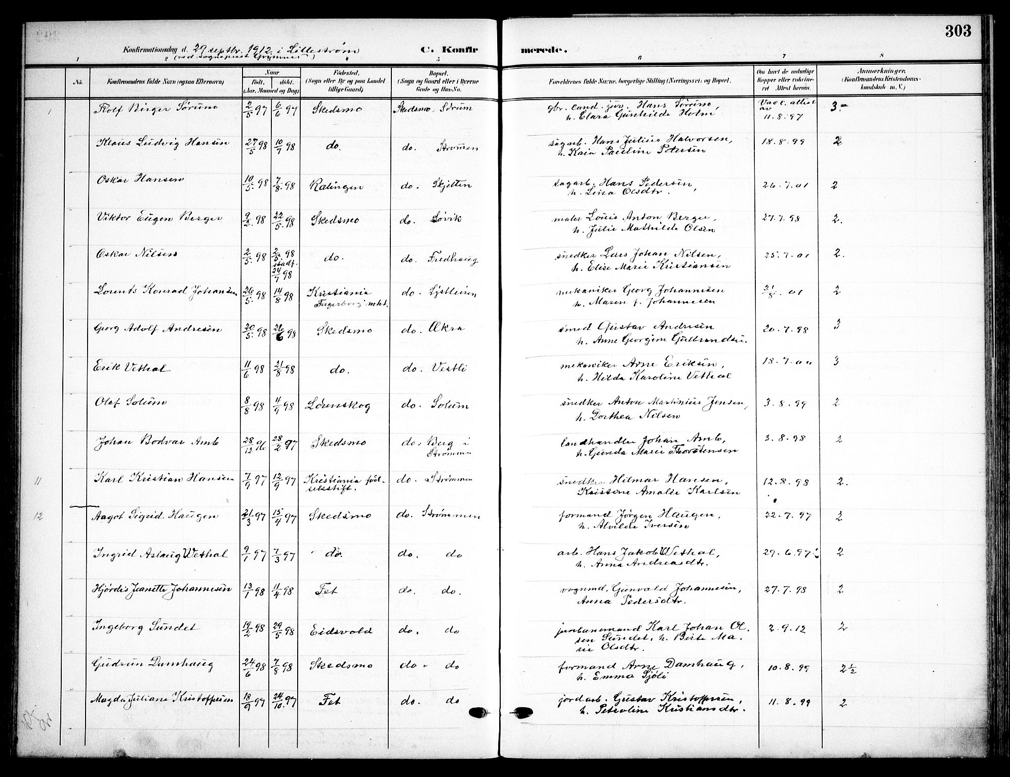 Skedsmo prestekontor Kirkebøker, AV/SAO-A-10033a/F/Fa/L0015: Ministerialbok nr. I 15, 1902-1917, s. 303