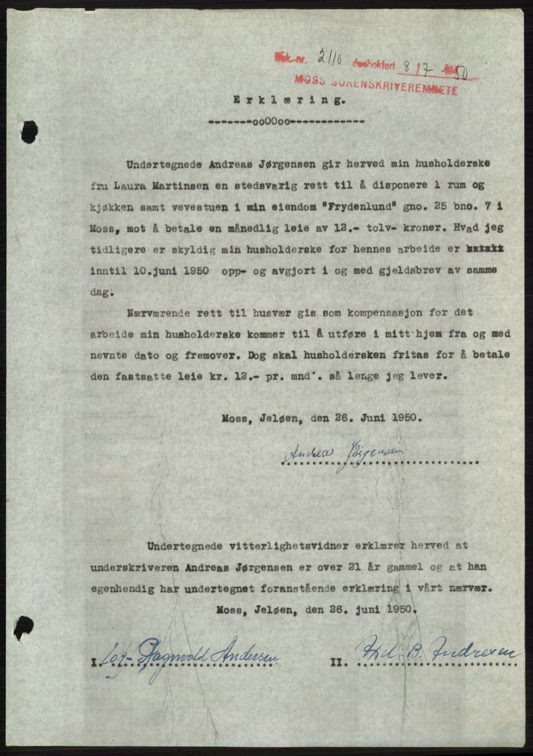 Moss sorenskriveri, SAO/A-10168: Pantebok nr. A26, 1950-1950, Dagboknr: 2110/1950