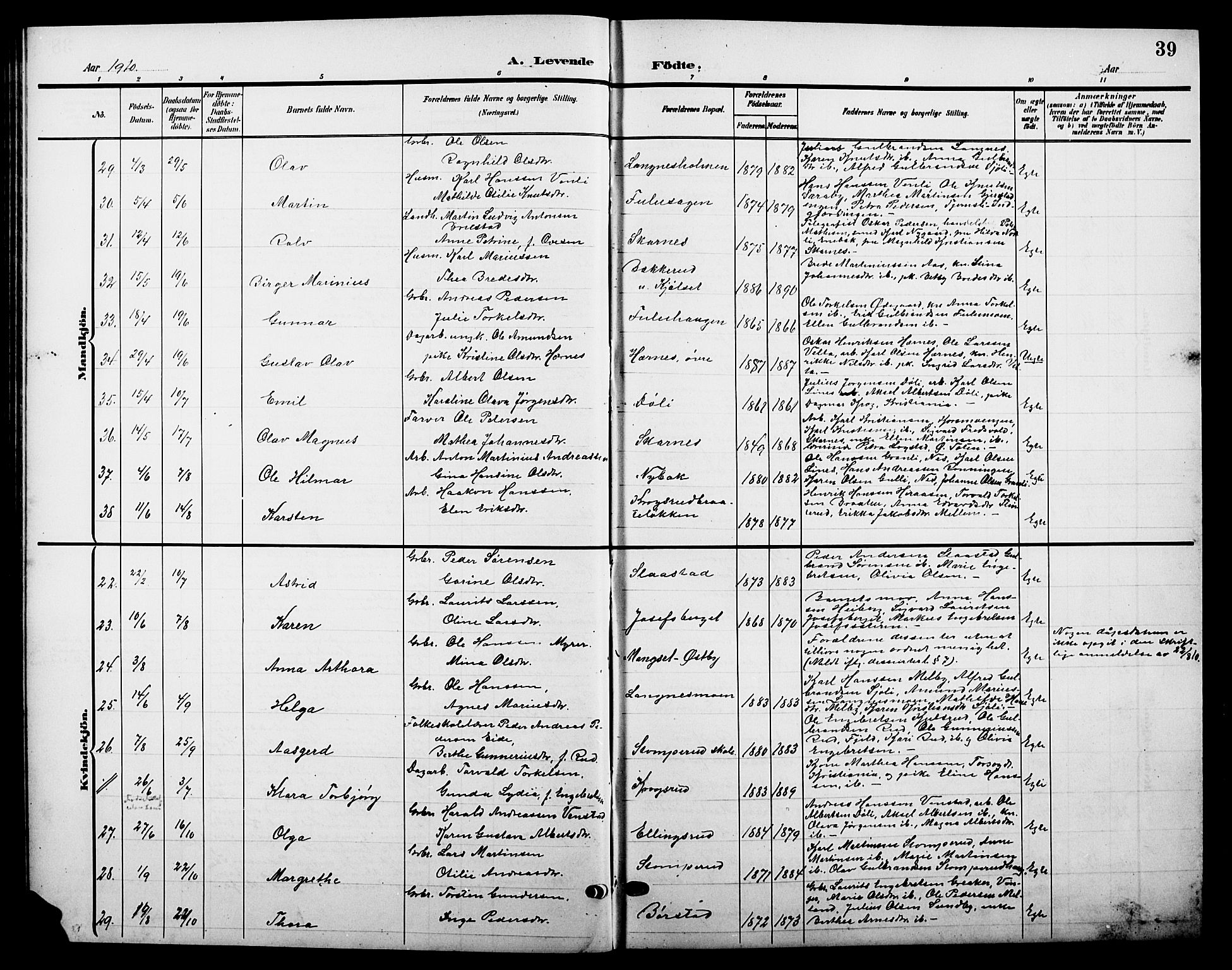 Sør-Odal prestekontor, AV/SAH-PREST-030/H/Ha/Hab/L0005: Klokkerbok nr. 5, 1903-1915, s. 39