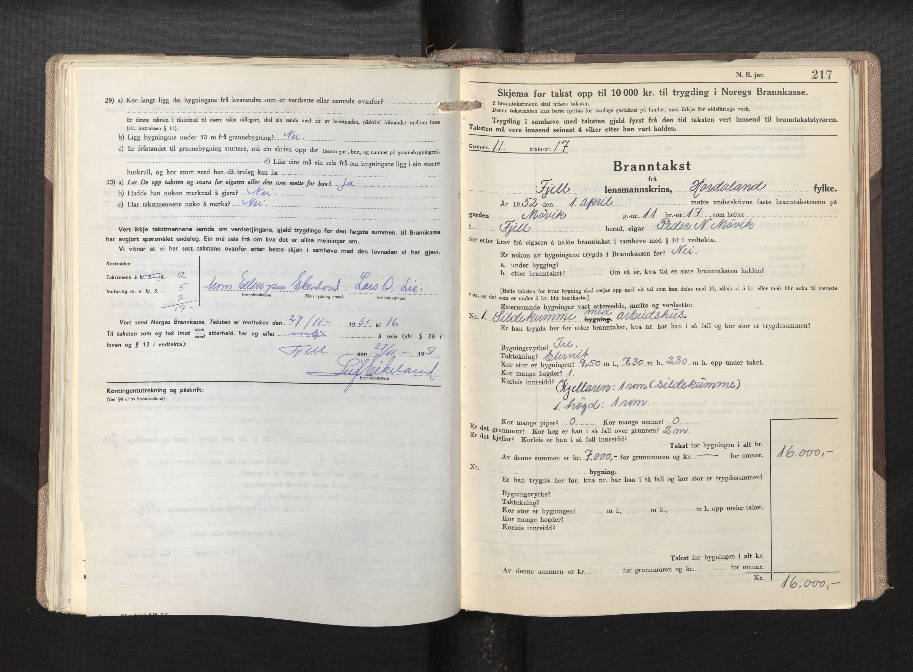 Lensmannen i Fjell, AV/SAB-A-32301/0012/L0007: Branntakstprotokoll, skjematakst, 1946-1955, s. 216-217
