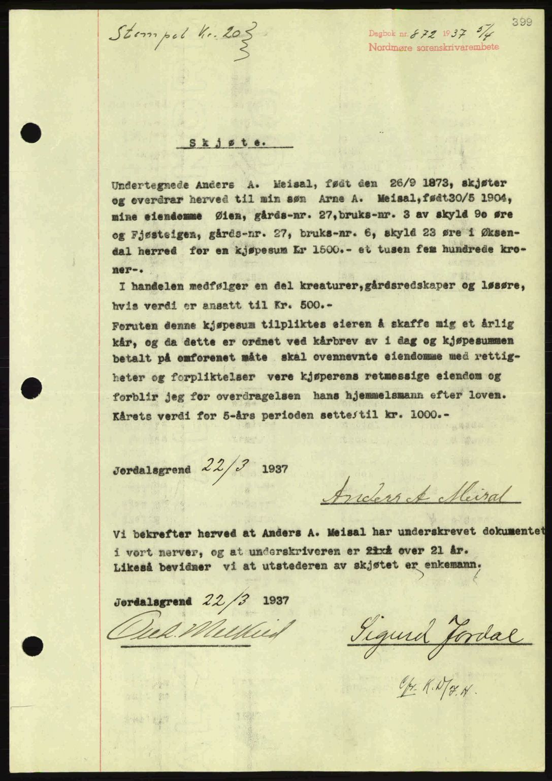 Nordmøre sorenskriveri, SAT/A-4132/1/2/2Ca: Pantebok nr. A81, 1937-1937, Dagboknr: 872/1937