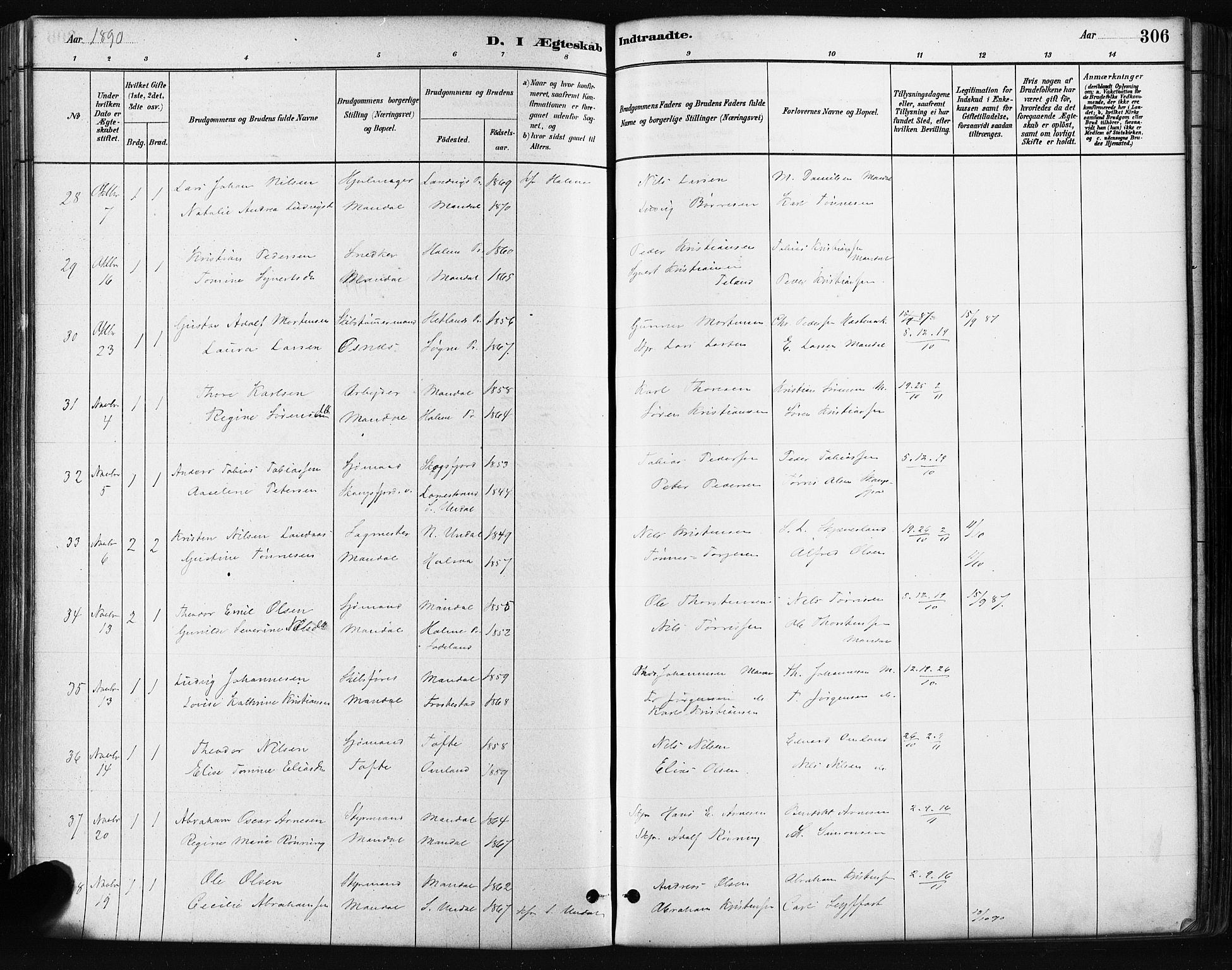 Mandal sokneprestkontor, SAK/1111-0030/F/Fa/Faa/L0016: Ministerialbok nr. A 16, 1880-1890, s. 306
