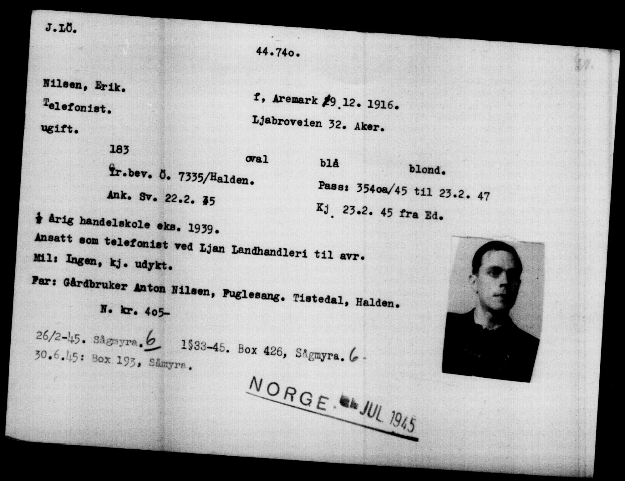 Utenriksstasjonene, Legasjonen i Stockholm, Flyktningkontoret, AV/RA-S-6753/V/Va/L0017: Kjesäterkartoteket, flyktninger med registreringsnr. 43400-46318, 1940-1945, s. 1406