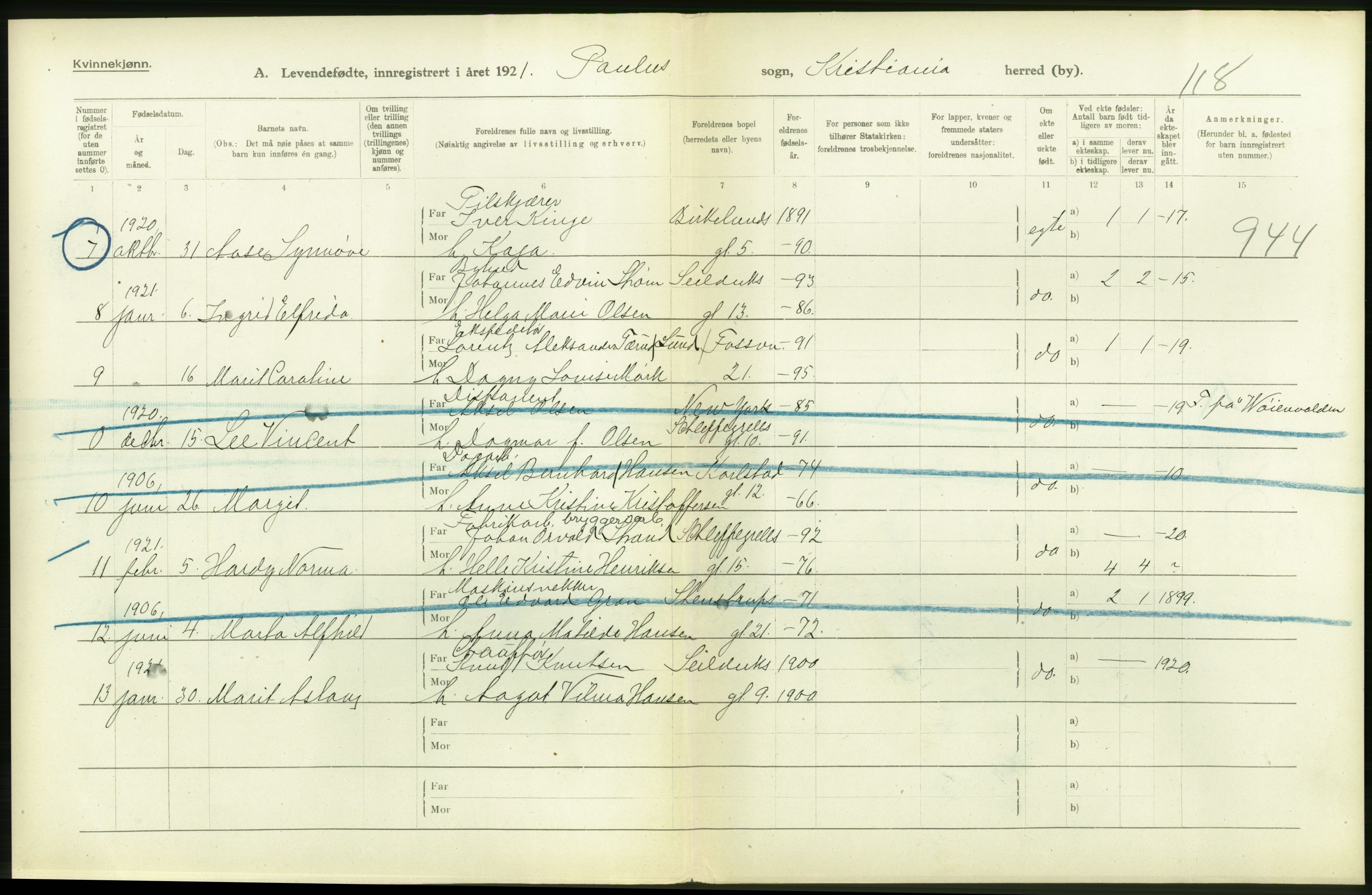 Statistisk sentralbyrå, Sosiodemografiske emner, Befolkning, RA/S-2228/D/Df/Dfc/Dfca/L0008: Kristiania: Levendefødte menn og kvinner., 1921, s. 168