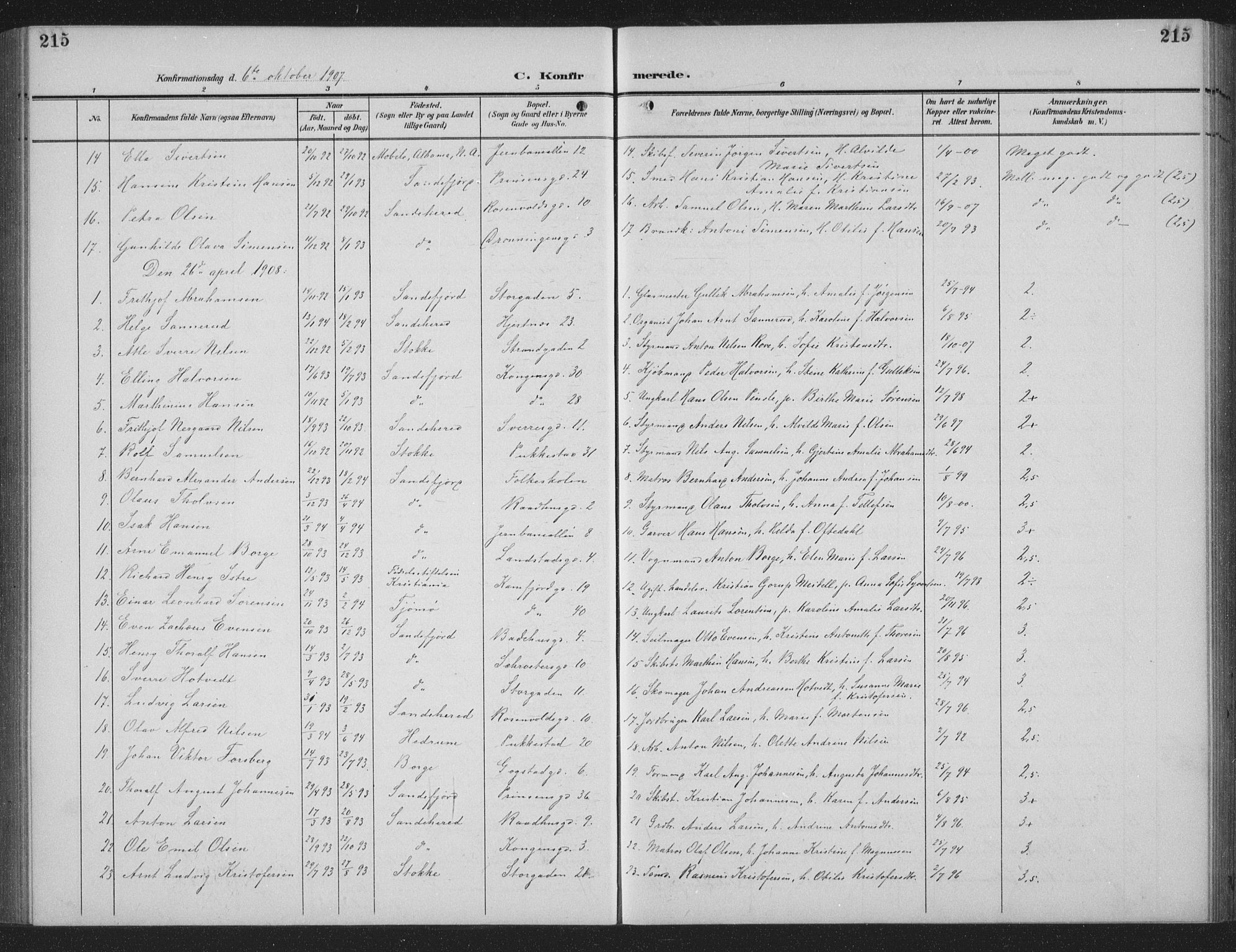 Sandefjord kirkebøker, AV/SAKO-A-315/G/Ga/L0003: Klokkerbok nr. 3, 1903-1920, s. 215