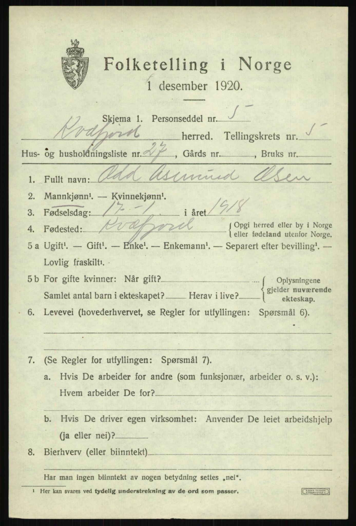 SATØ, Folketelling 1920 for 1911 Kvæfjord herred, 1920, s. 2945