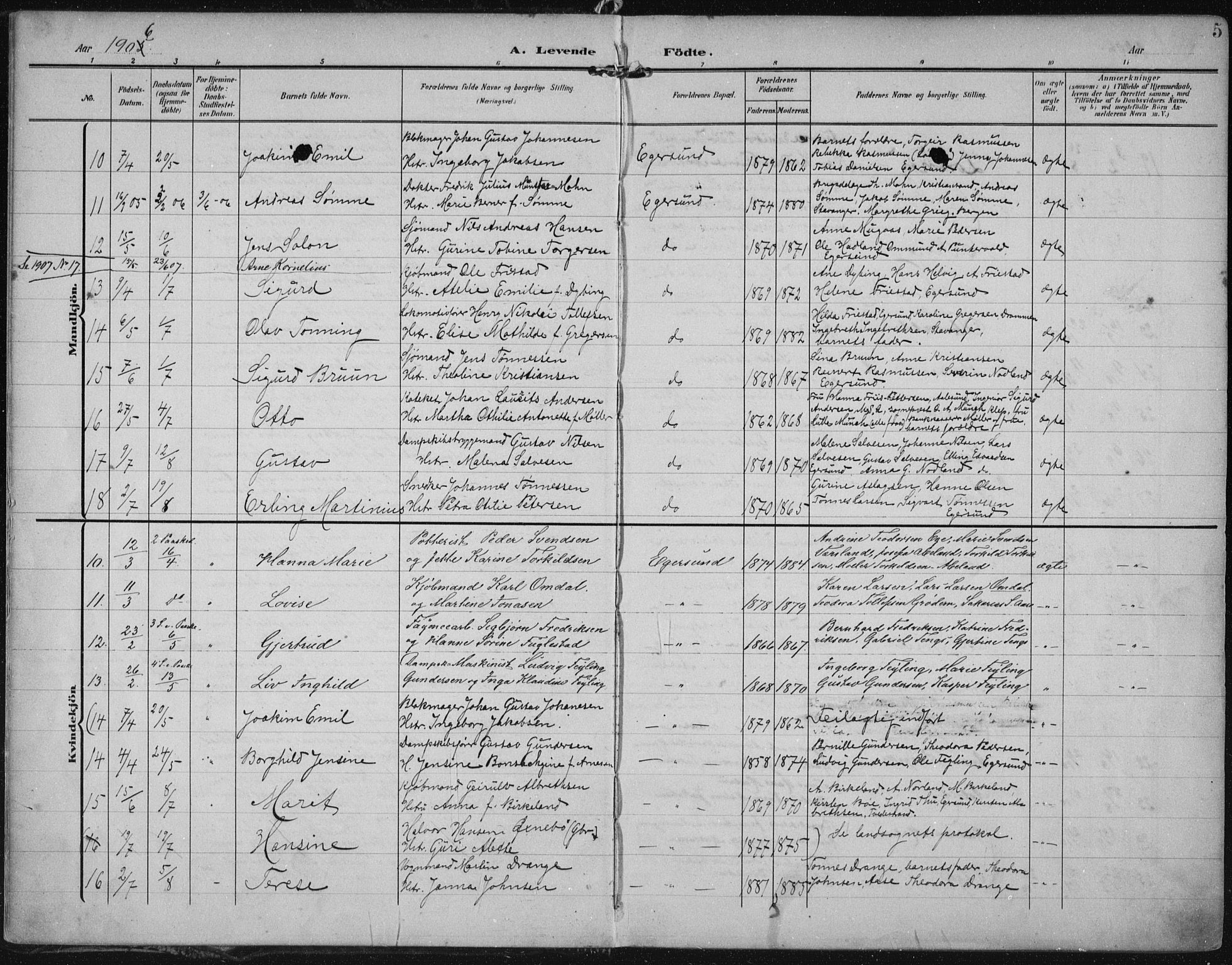 Eigersund sokneprestkontor, AV/SAST-A-101807/001/30/30BA/L0022: Ministerialbok nr. A 21, 1905-1928, s. 5