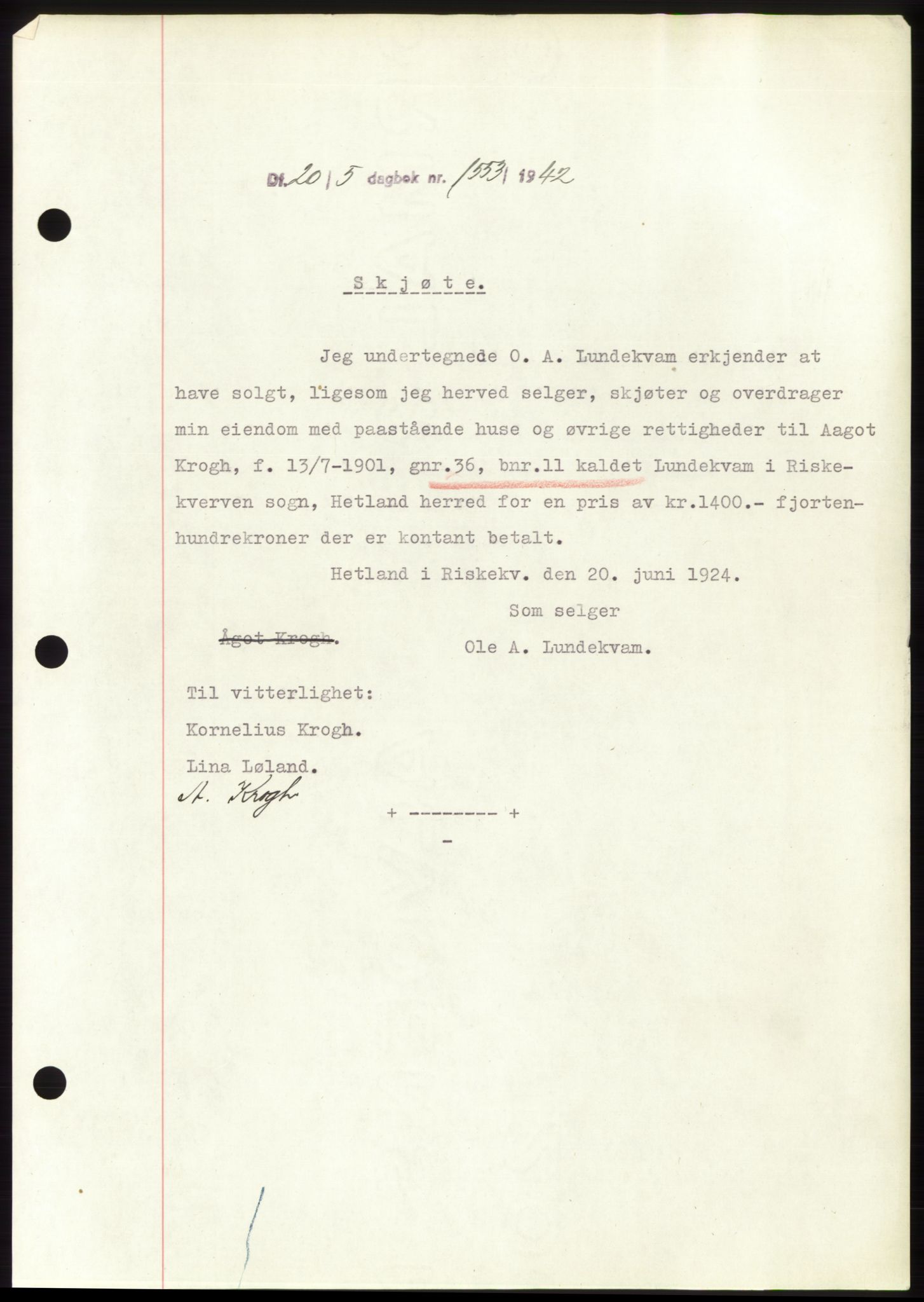 Jæren sorenskriveri, SAST/A-100310/03/G/Gba/L0082: Pantebok, 1942-1942, Dagboknr: 1553/1942
