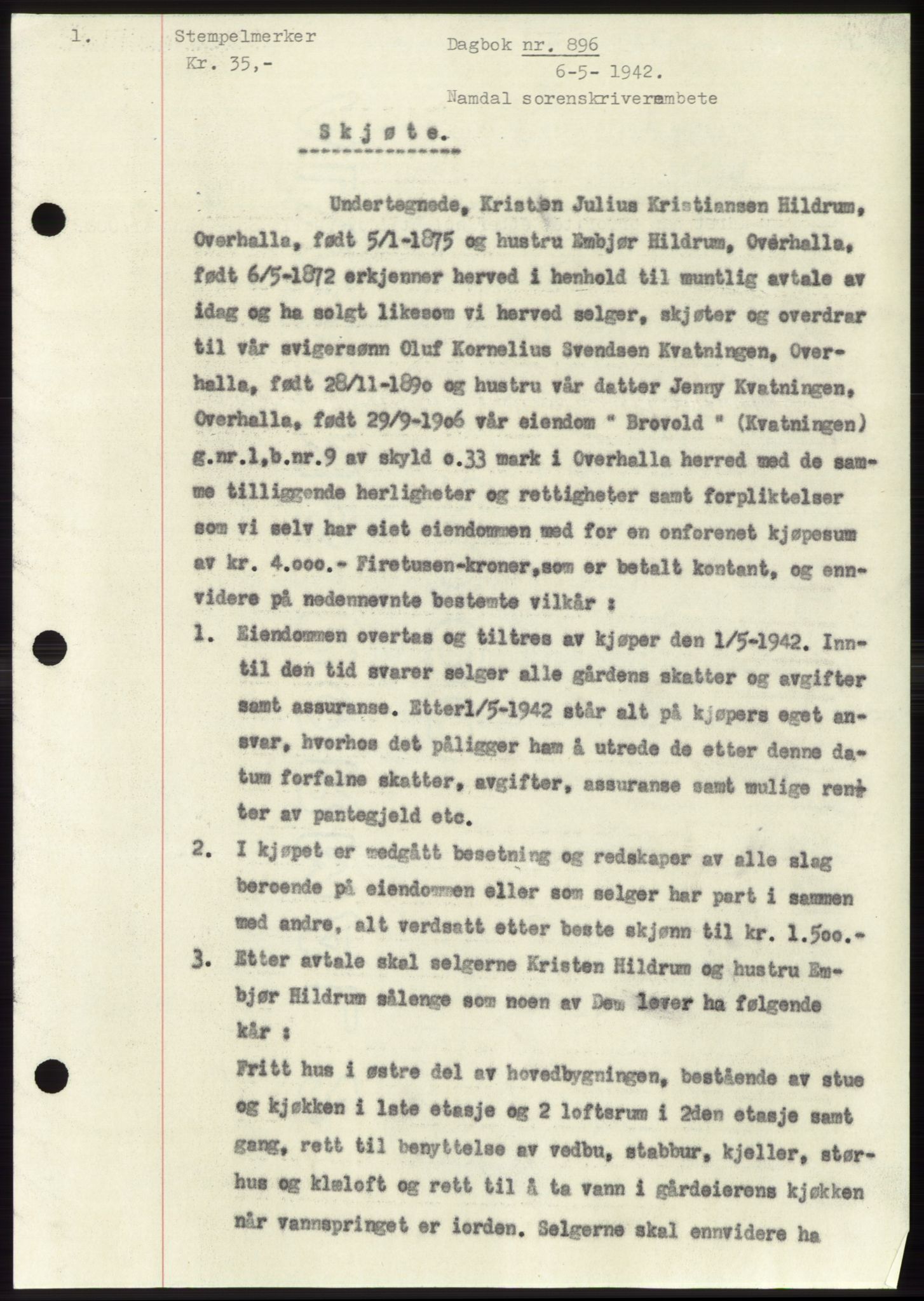 Namdal sorenskriveri, SAT/A-4133/1/2/2C: Pantebok nr. -, 1941-1942, Dagboknr: 896/1942