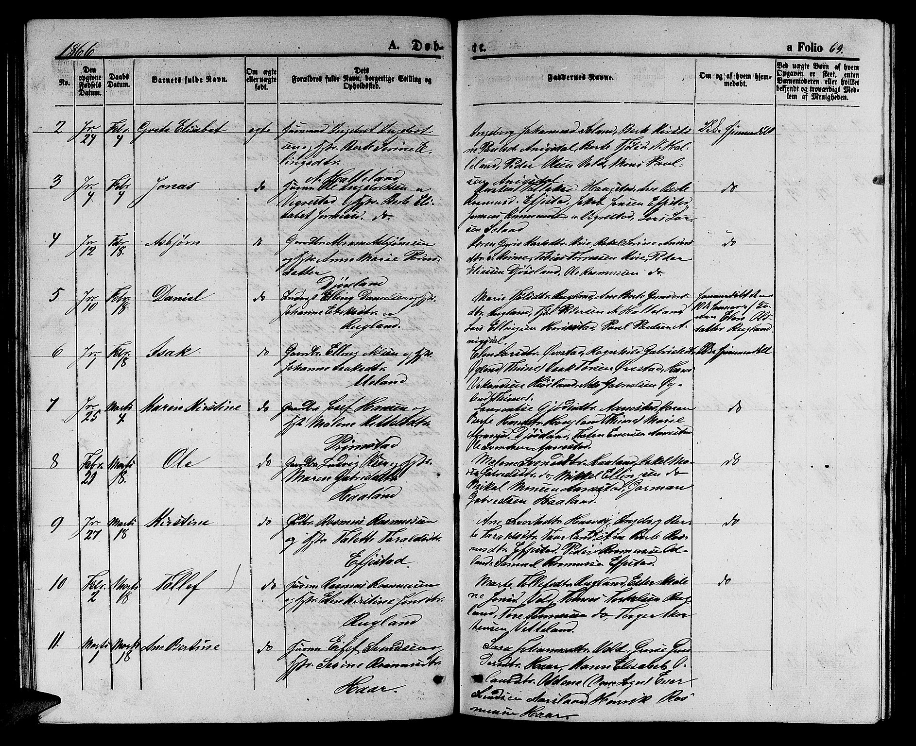 Hå sokneprestkontor, AV/SAST-A-101801/001/30BB/L0002: Klokkerbok nr. B 2, 1854-1883, s. 69