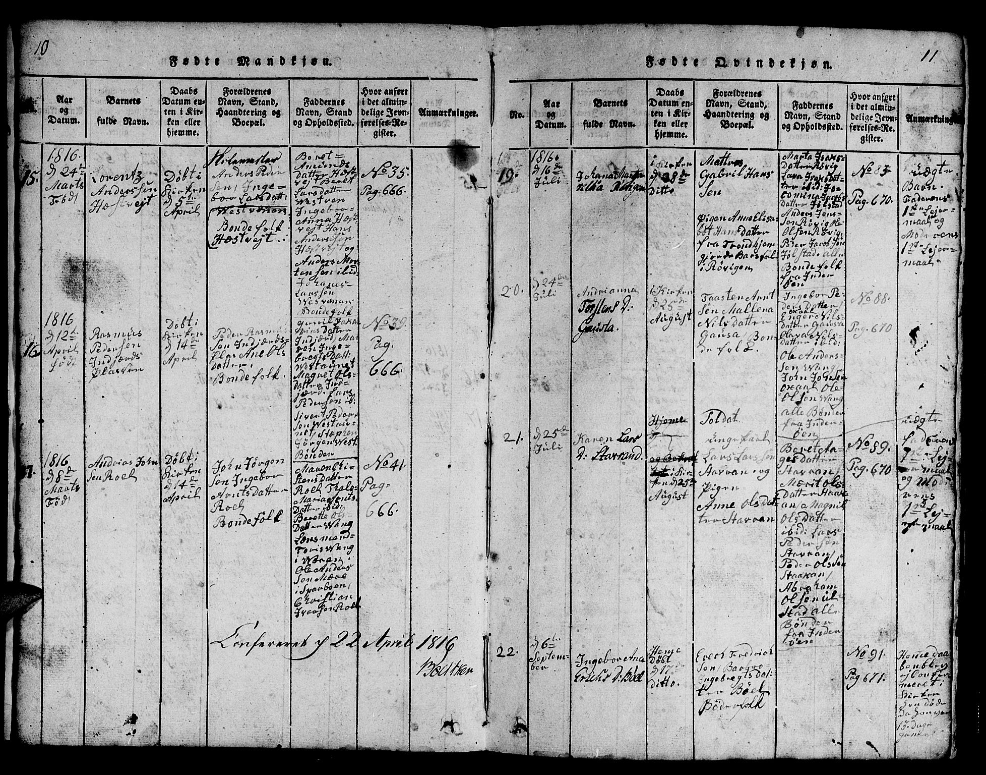 Ministerialprotokoller, klokkerbøker og fødselsregistre - Nord-Trøndelag, SAT/A-1458/730/L0298: Klokkerbok nr. 730C01, 1816-1849, s. 10-11