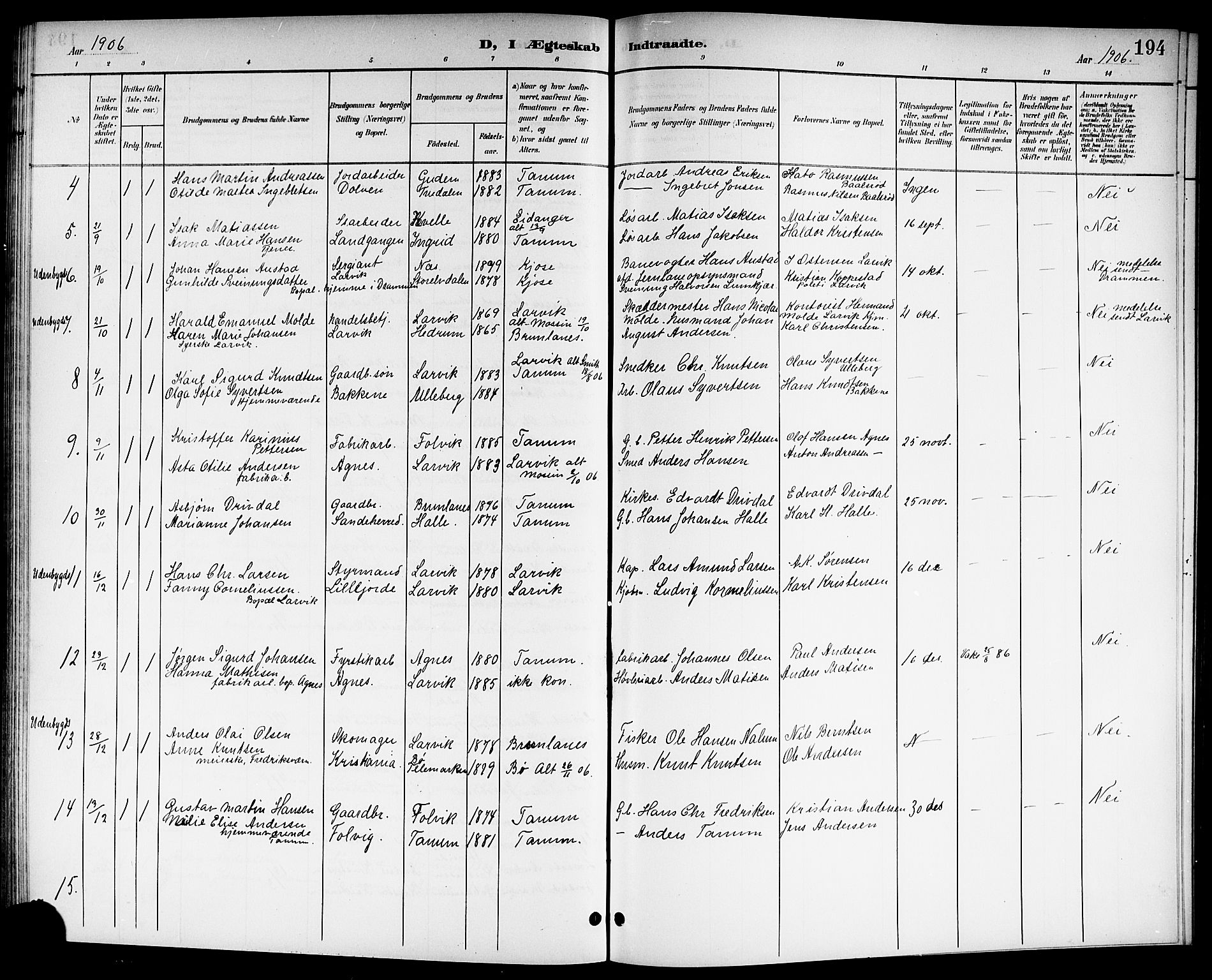 Brunlanes kirkebøker, AV/SAKO-A-342/G/Ga/L0004: Klokkerbok nr. I 4, 1898-1921, s. 194