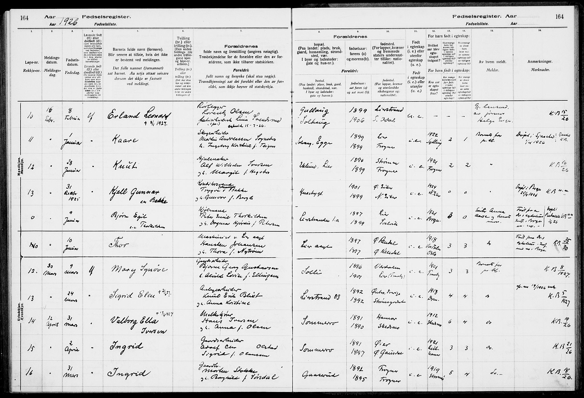 Lier kirkebøker, AV/SAKO-A-230/J/Ja/L0001: Fødselsregister nr. 1, 1916-1928, s. 164