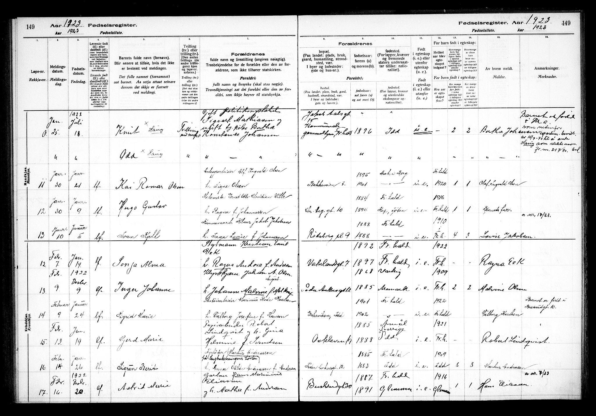 Halden prestekontor Kirkebøker, SAO/A-10909/J/Ja/L0001: Fødselsregister nr. I 1, 1916-1925, s. 149