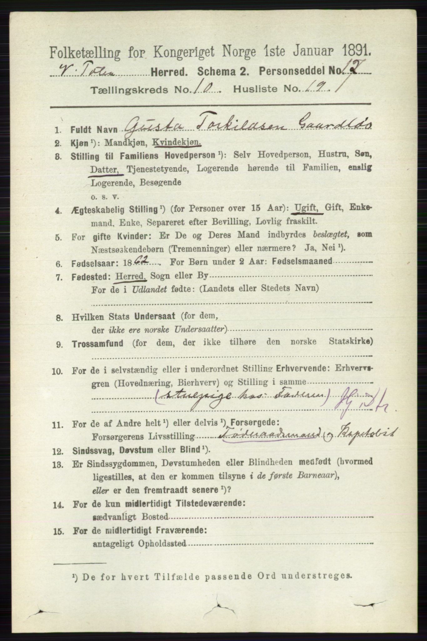 RA, Folketelling 1891 for 0529 Vestre Toten herred, 1891, s. 6315