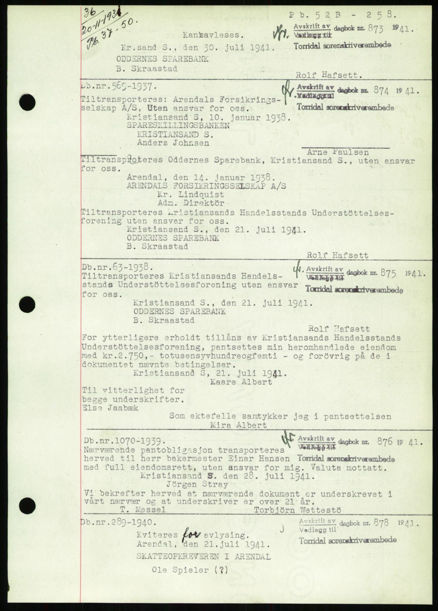 Torridal sorenskriveri, SAK/1221-0012/G/Gb/Gbb/L0008: Pantebok nr. 52b, 1940-1942, Dagboknr: 873/1941