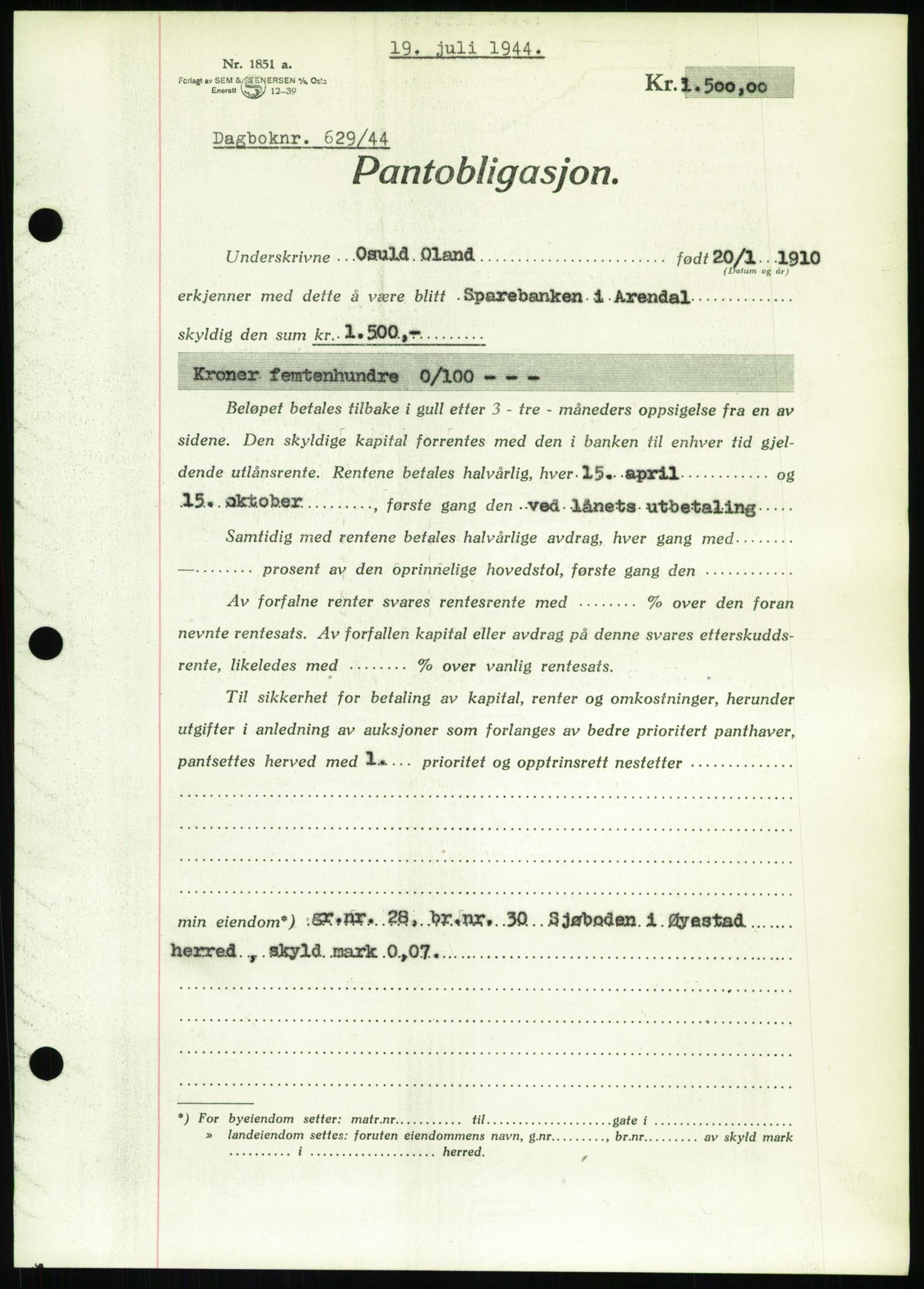 Nedenes sorenskriveri, SAK/1221-0006/G/Gb/Gbb/L0002: Pantebok nr. II, 1942-1945, Dagboknr: 629/1944