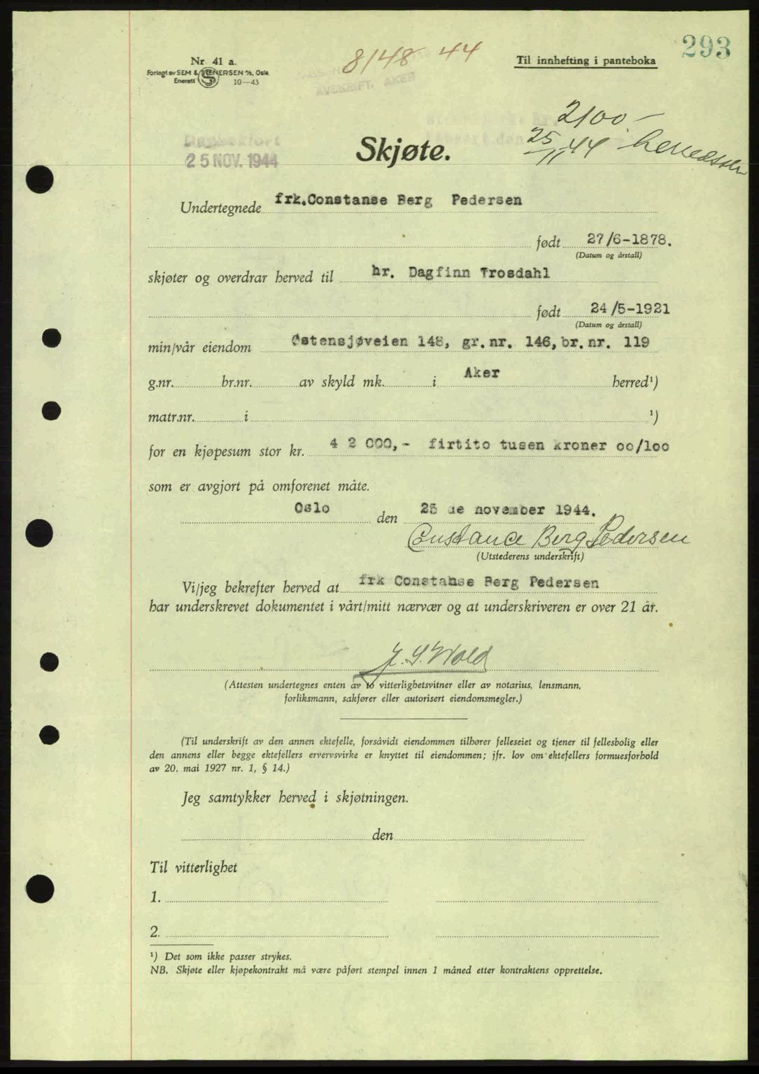 Aker herredsskriveri, SAO/A-10896/G/Gb/Gba/Gbab/L0063: Pantebok nr. A184-185, 1944-1945, Dagboknr: 8148/1944