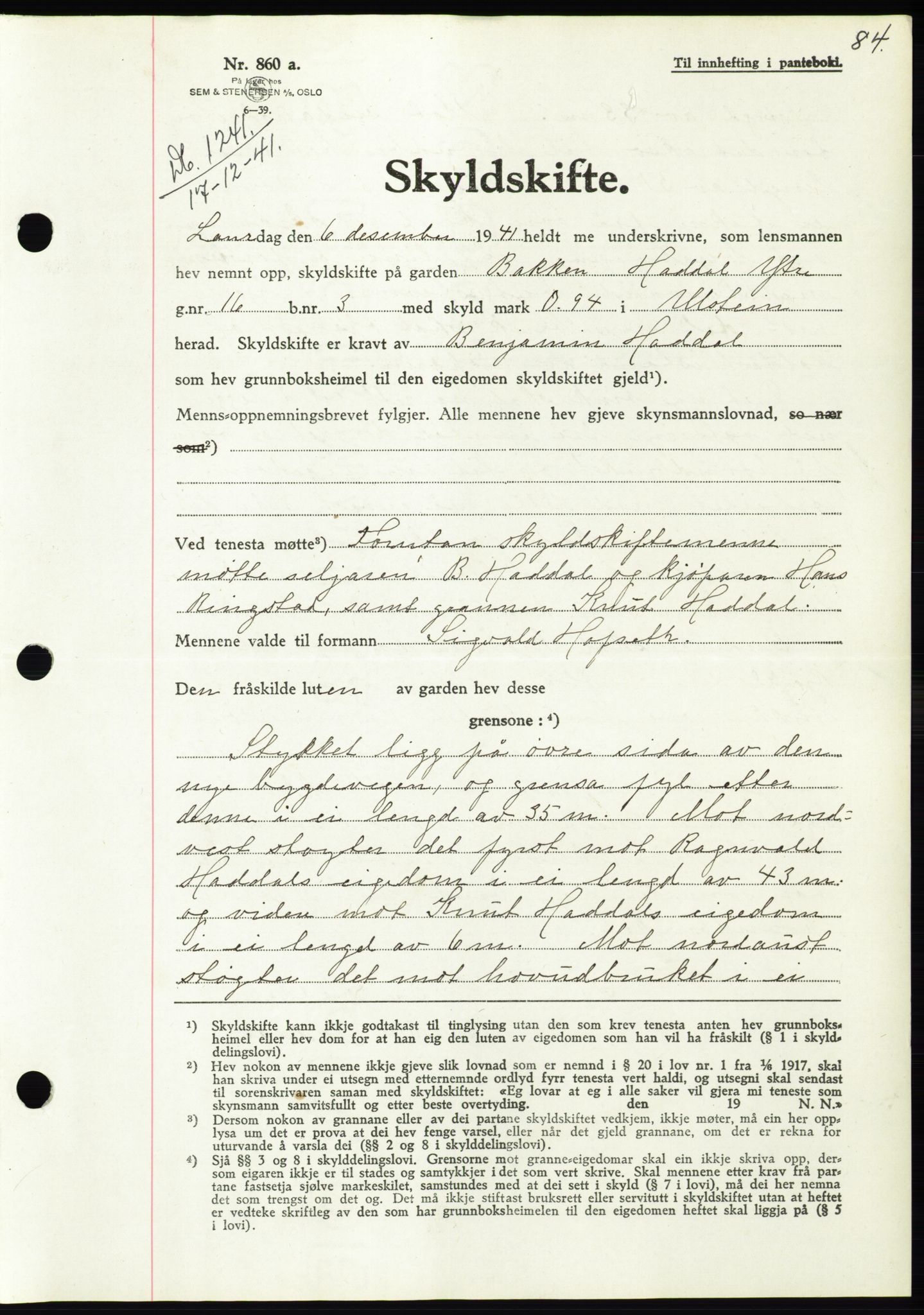 Søre Sunnmøre sorenskriveri, AV/SAT-A-4122/1/2/2C/L0073: Pantebok nr. 67, 1941-1942, Dagboknr: 1241/1941