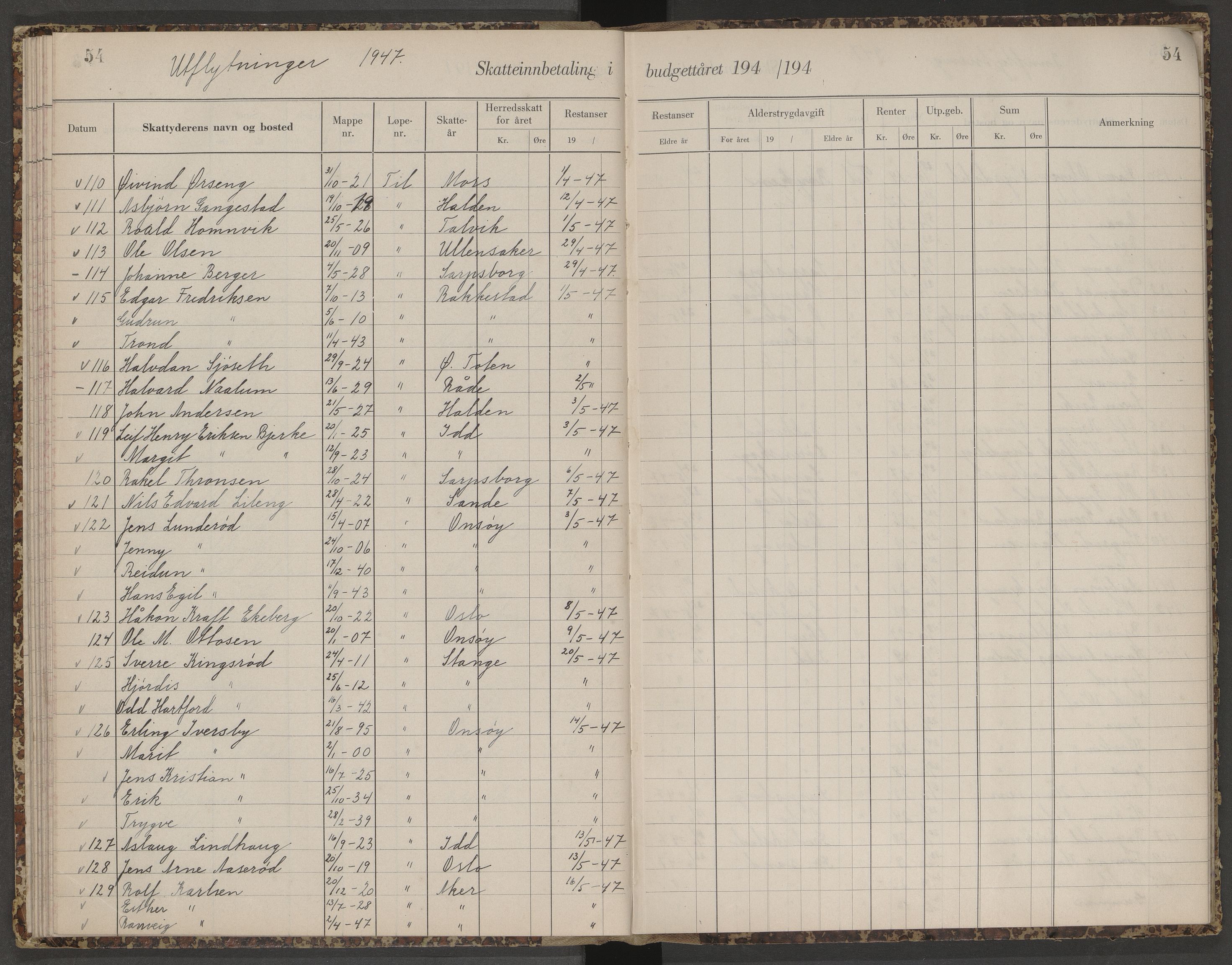 Skjeberg folkeregister, AV/SAO-A-10495/K/Ka/L0003: Fortegnelse over inn- og utflyttede, 1943-1947, s. 54