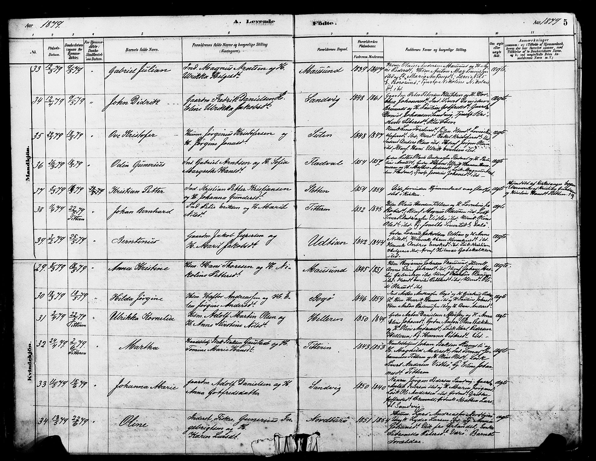 Ministerialprotokoller, klokkerbøker og fødselsregistre - Sør-Trøndelag, SAT/A-1456/640/L0578: Ministerialbok nr. 640A03, 1879-1889, s. 5